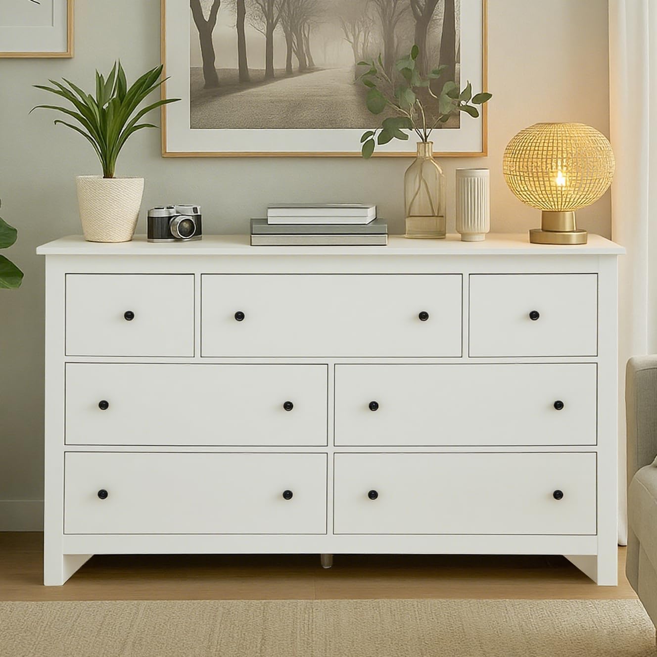 Kommode mit 7 Schubladen, Sideboard Holz, Verstellbarem Mittelfuß, Kommoden, Viel Stauraum, Komodenschrank, Wohnzimmerschrank, Sideboard für Schlafzimmer, Wohnzimmer, Küche, 152x40x89 cm (Weiß) Küche, Haushalt & Wohnen