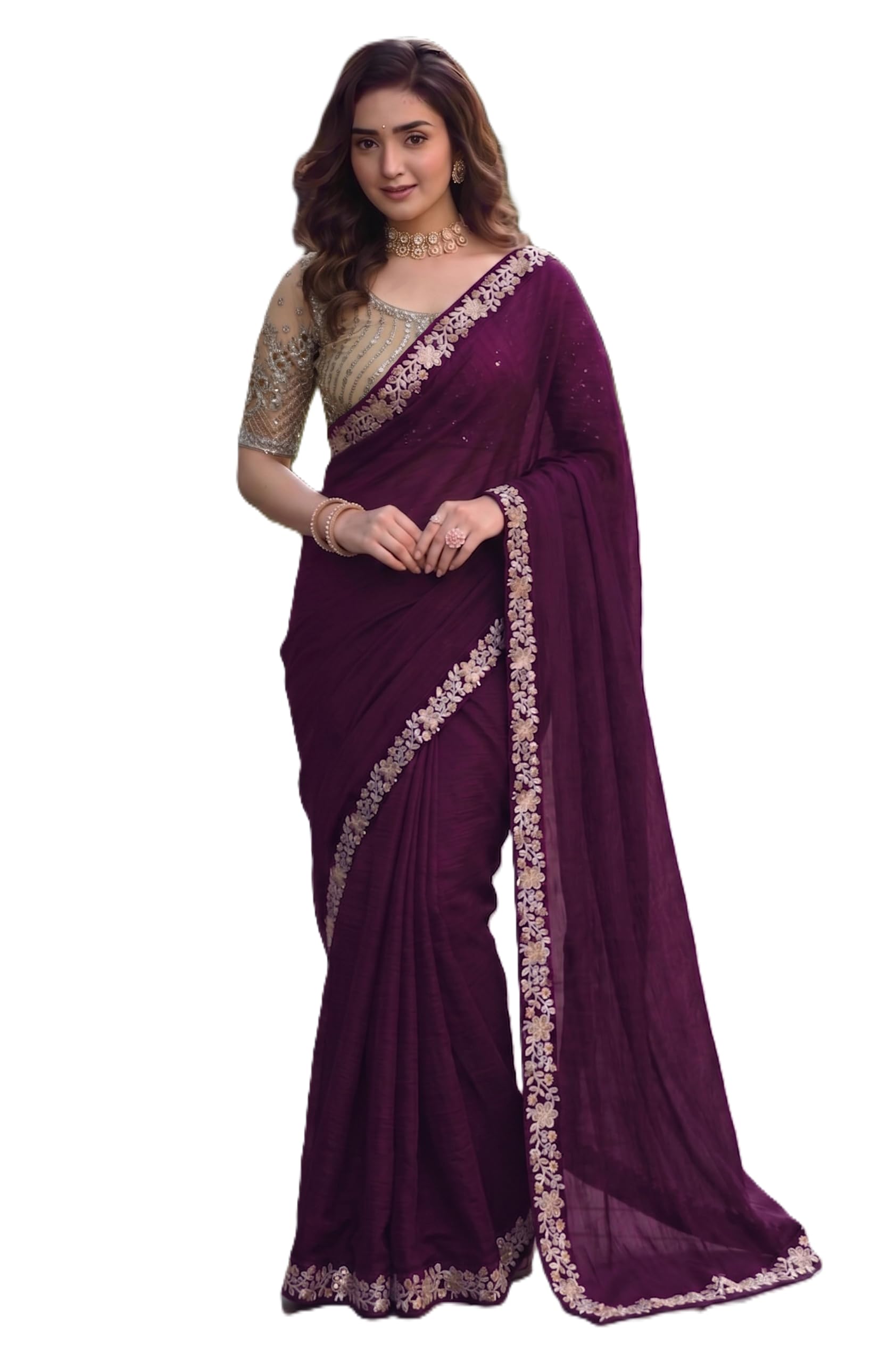 Women's Satin Silk Beads & Stones Saree With Unstitched Blouse Piece-picture-21