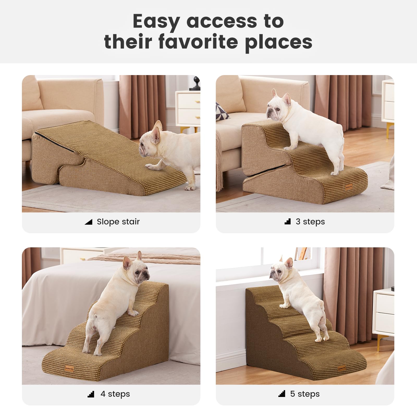 Gardner Pet Scala per Cani Piccoli 50cm, 4 Gradini, Rampina in Schiuma con Rivestimento Antiscivolo e Impermeabile per Letto, Divano e Auto, Marrone