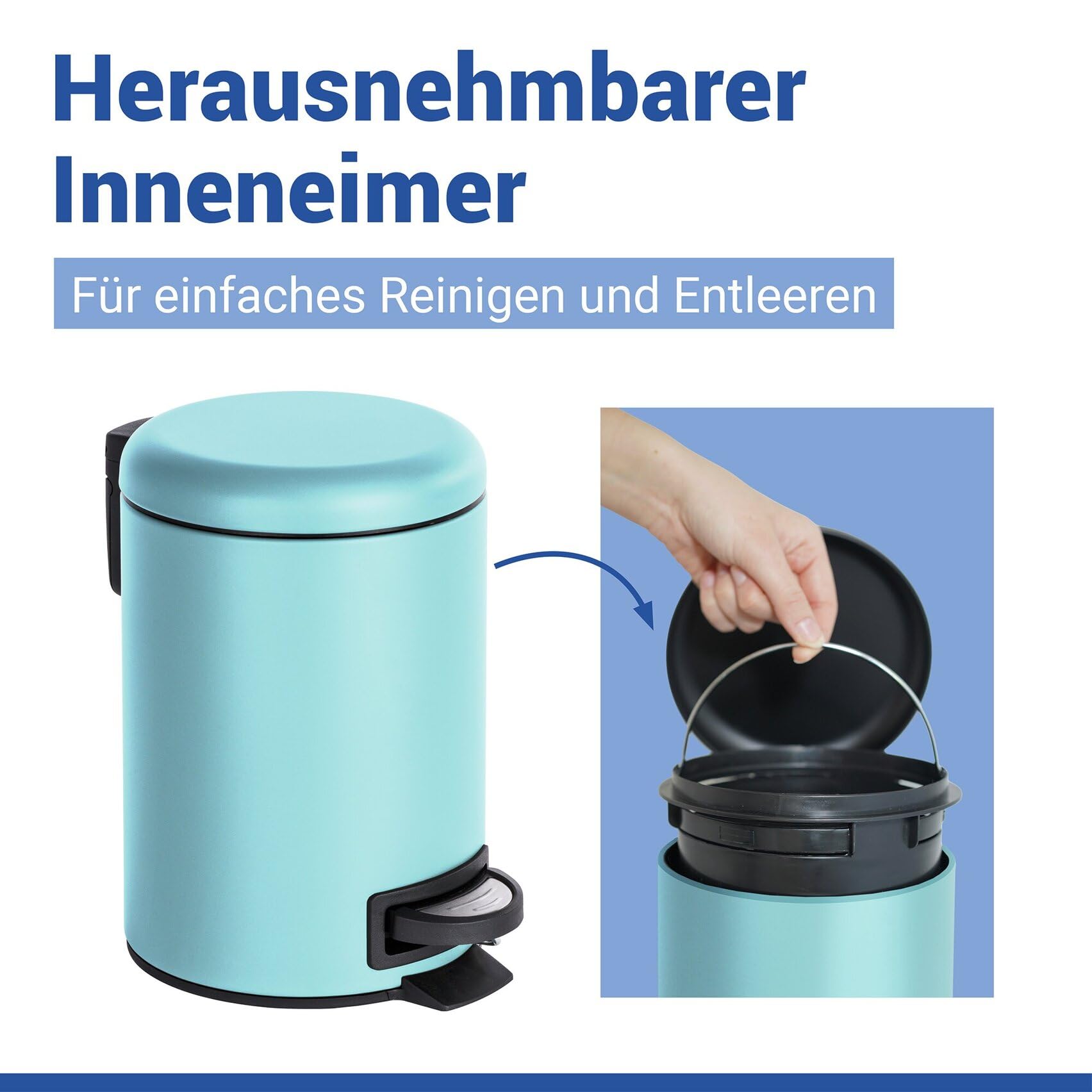WENKO Kosmetikeimer 3 Liter, Stahl, herausnehmbarer Inneneimer mit Müllbeutelhalter, Mülleimer fürs Bad mit Deckel und Tretfunktion, ausklappbarer Tragegriff, Blau matt, Mod. Leman