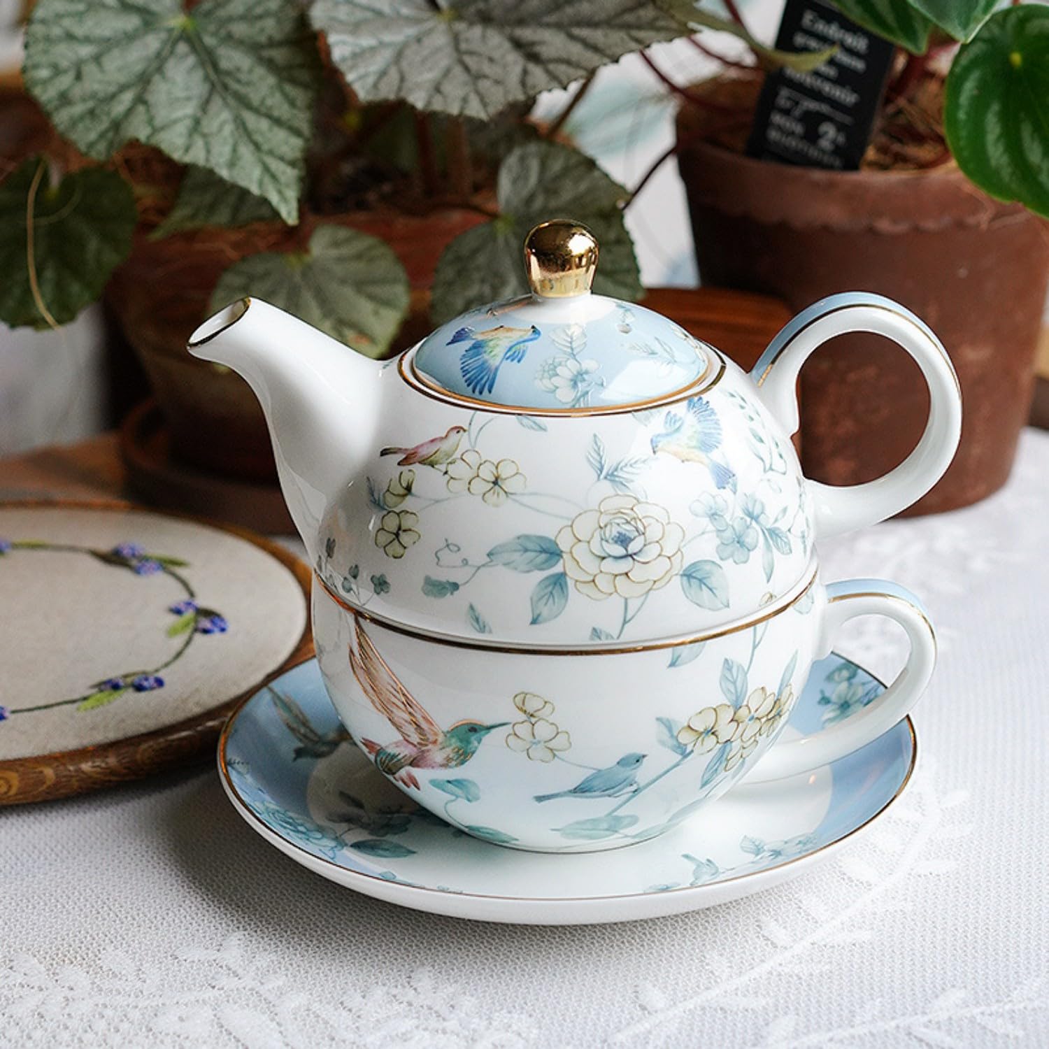 Service à thé pour une personne avec théière et tasse en porcelaine, 450 ml de théière et 300 ml de tasse à thé, cadeaux pour femmes, service à thé de l'après-midi, céramique, lavable au
