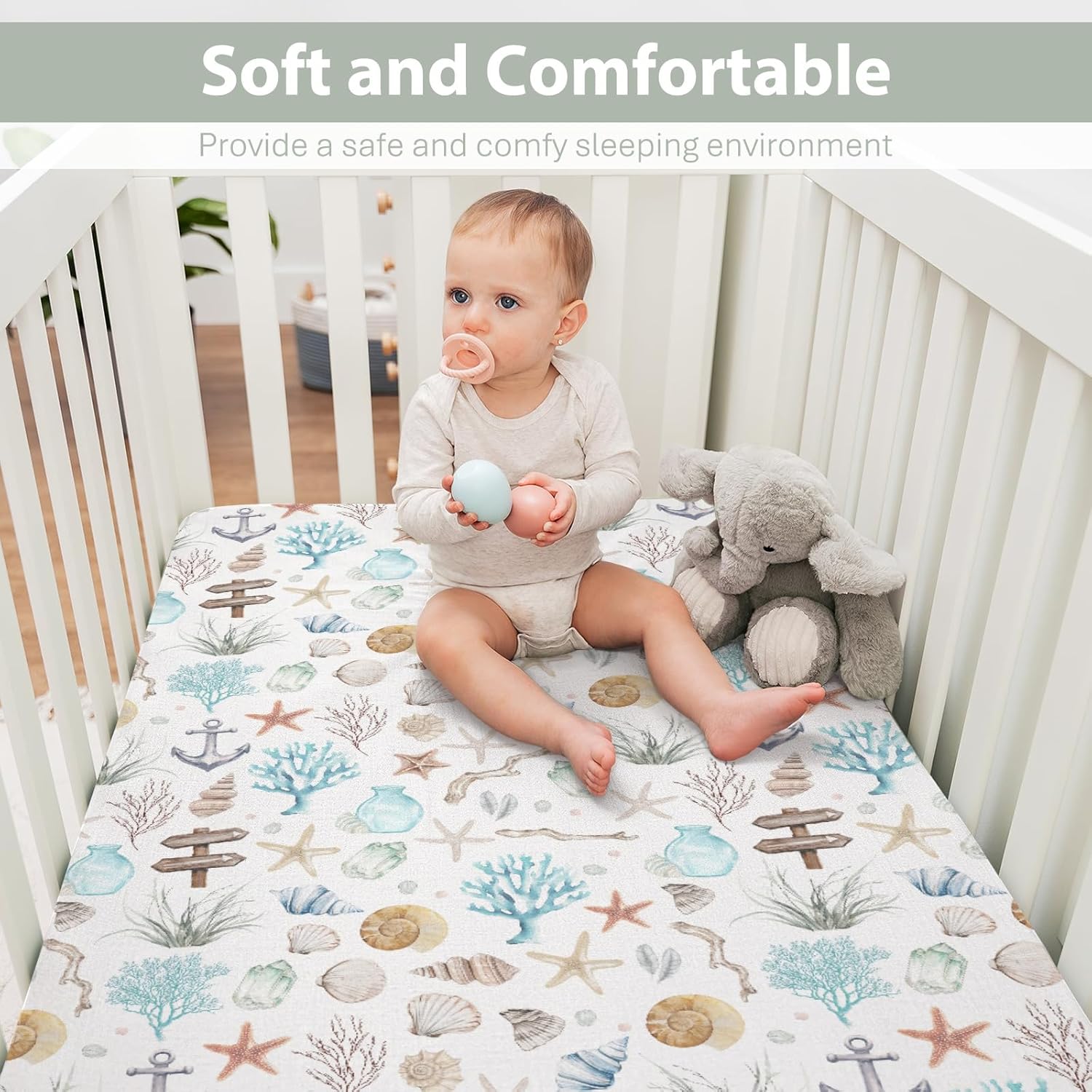 Ocean Boho Summer Baby Crib Sheets for Boy Girl 52"x28" Seashells Conch Starfish Corals Anchors Soft Stretchy Fitted Crib Mattress Cover Nautical Life Baby Sheet for Standard Crib & Toddler Mattress