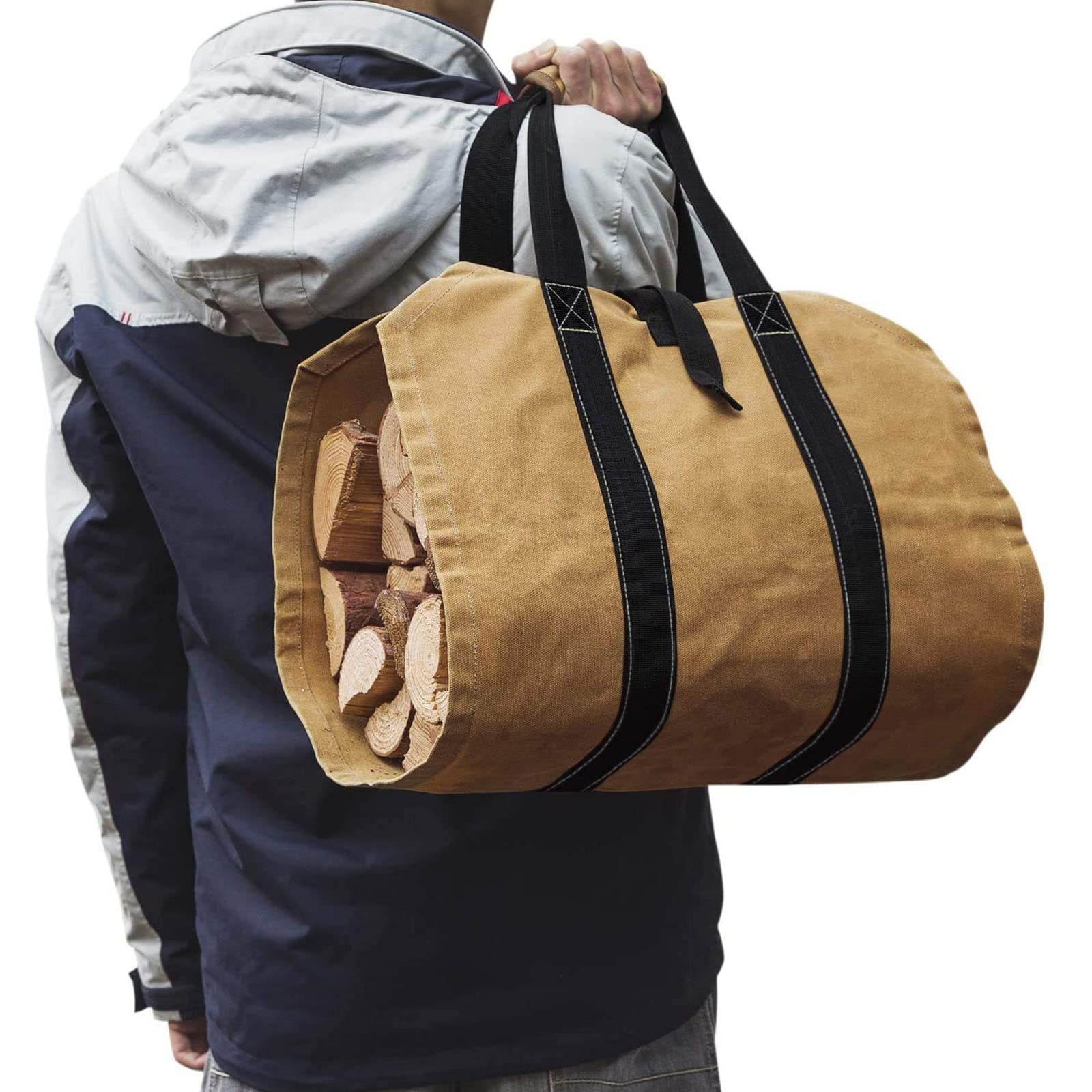 Schwerlast Wasserdicht Gewachste Leinwand Segeltuch Brennholz Kaminholztragetasche,für Holz, Zeitungen, Kaminholz,kamin, Filztasche Maße 90 x 45 cm - Khaki