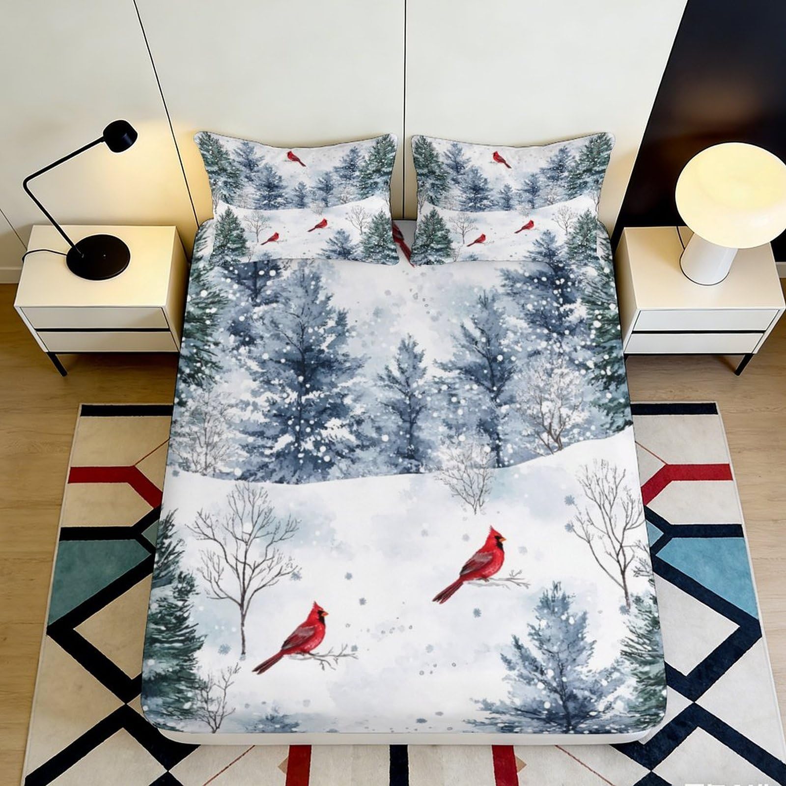 3D Printed Snowy Pine Forest Fitted Sheet Microfiber Decorative Red Cardinal Bed Cover for Bedroom Guest Room 90x200x25cm