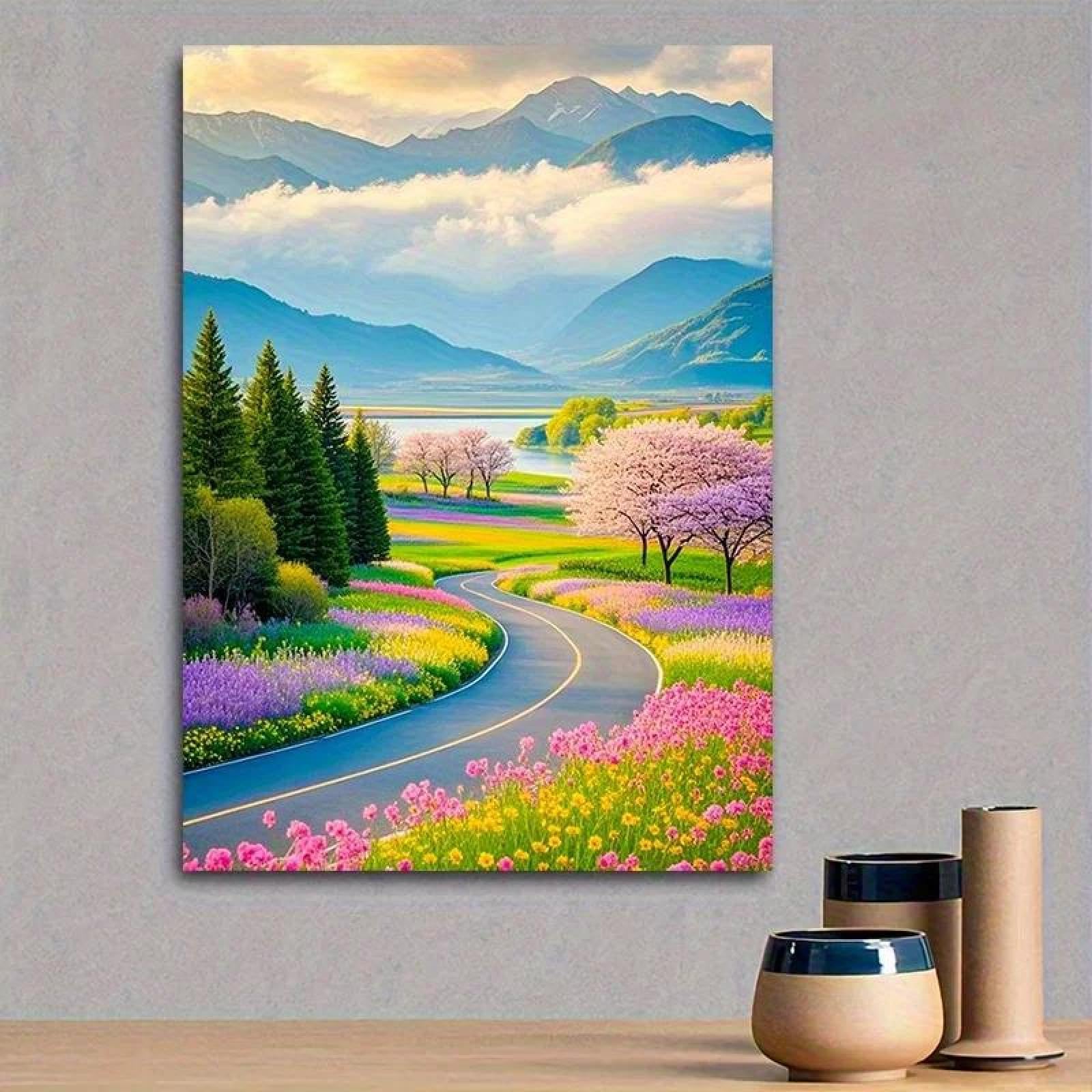 Yocheng Serene Landscape Canvas Art - Vibrant Flower-Lined Road,Mountains & Lakeside Scene,Wall Decor For Home 60x90cm No Frame