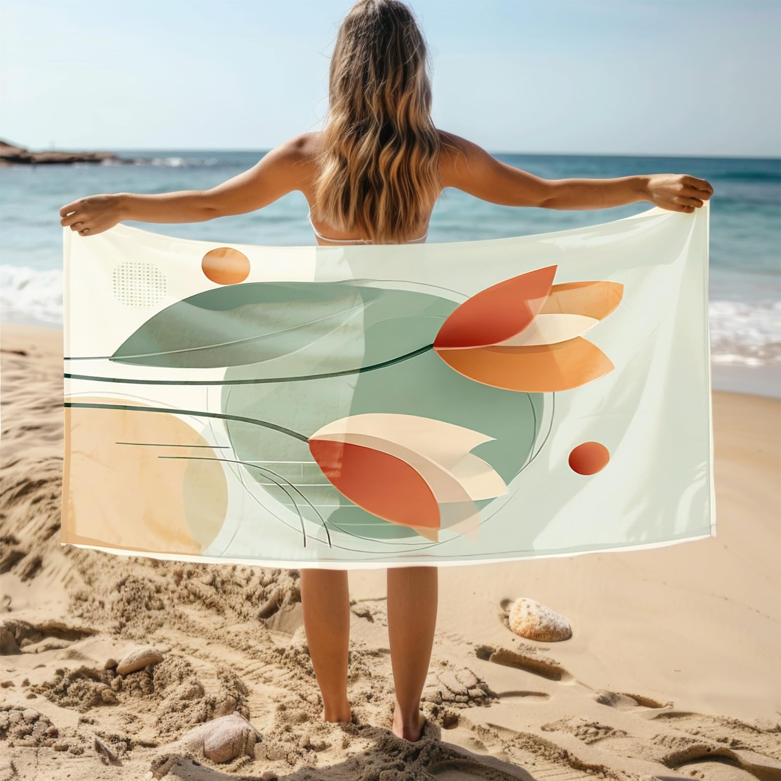 Générique Serviette Microfibre Plage Fleur Orange Ronde Vert Clair