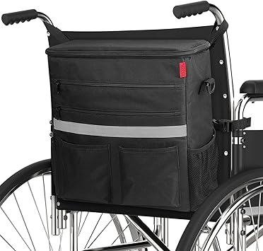 Wheelchair Bag - 600D Oxford Storage Organizer with Tablet Sleeve, Multiple Pockets & Reflective Strip, Detachable Strap