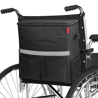 Wheelchair Bag - 600D Oxford Storage Organizer with Tablet Sleeve, Multiple Pockets & Reflective Strip, Detachable Strap - Amazon product rated Grade A