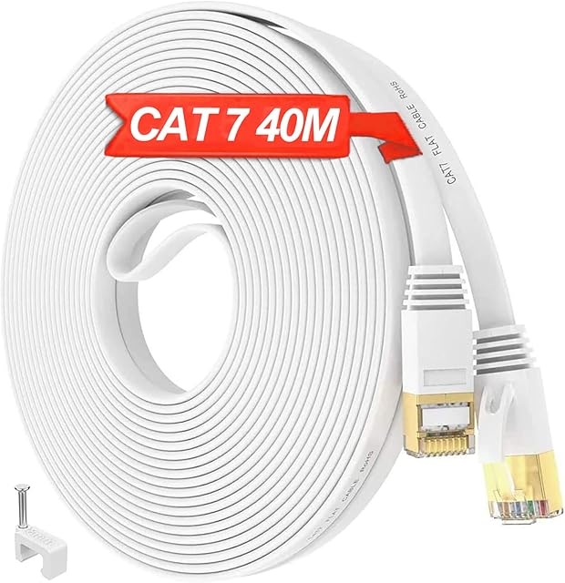 40m Ethernet Cable -High Speed Fastest Cat7 Flat Ethernet Cable 750Mhz 10GB - Internet Cable for Xbox,PS4,PS3,Modem,Router,LAN,Switch-Compatible Cat5e/Cat6a/Cat6 Network Cable (40 Clips)