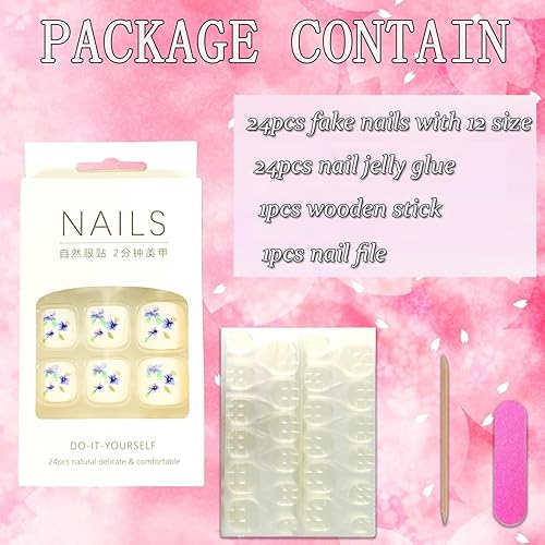 Miniatura 4 de Vezocim Uñas postizas a presión con diseños de flores de orquídea, 24 uñas postizas cortas artificiales azules, uñas postizas acrílicas de cobertura