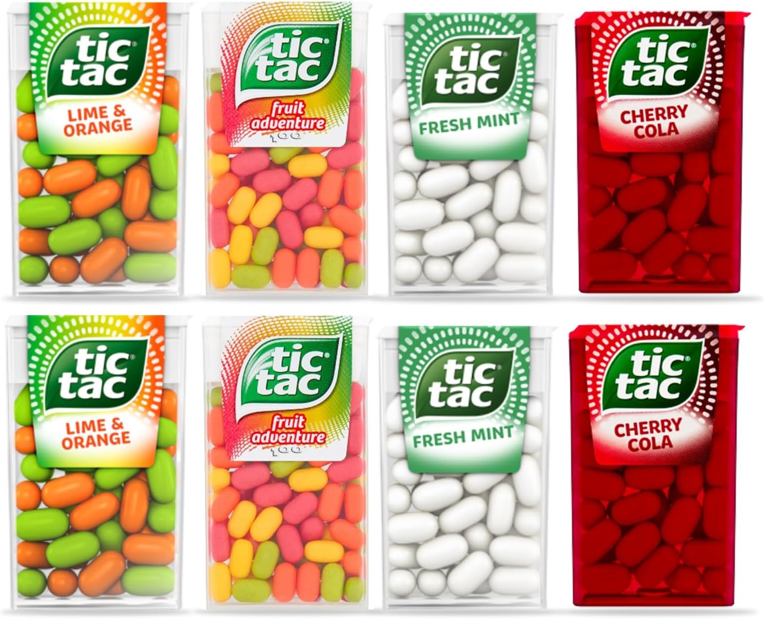 Mixed Tic Tac Flavors, Lime & Orange, Fruit Adventure, Cherry Cola, and Mint Flavor Pack of 8, 144g