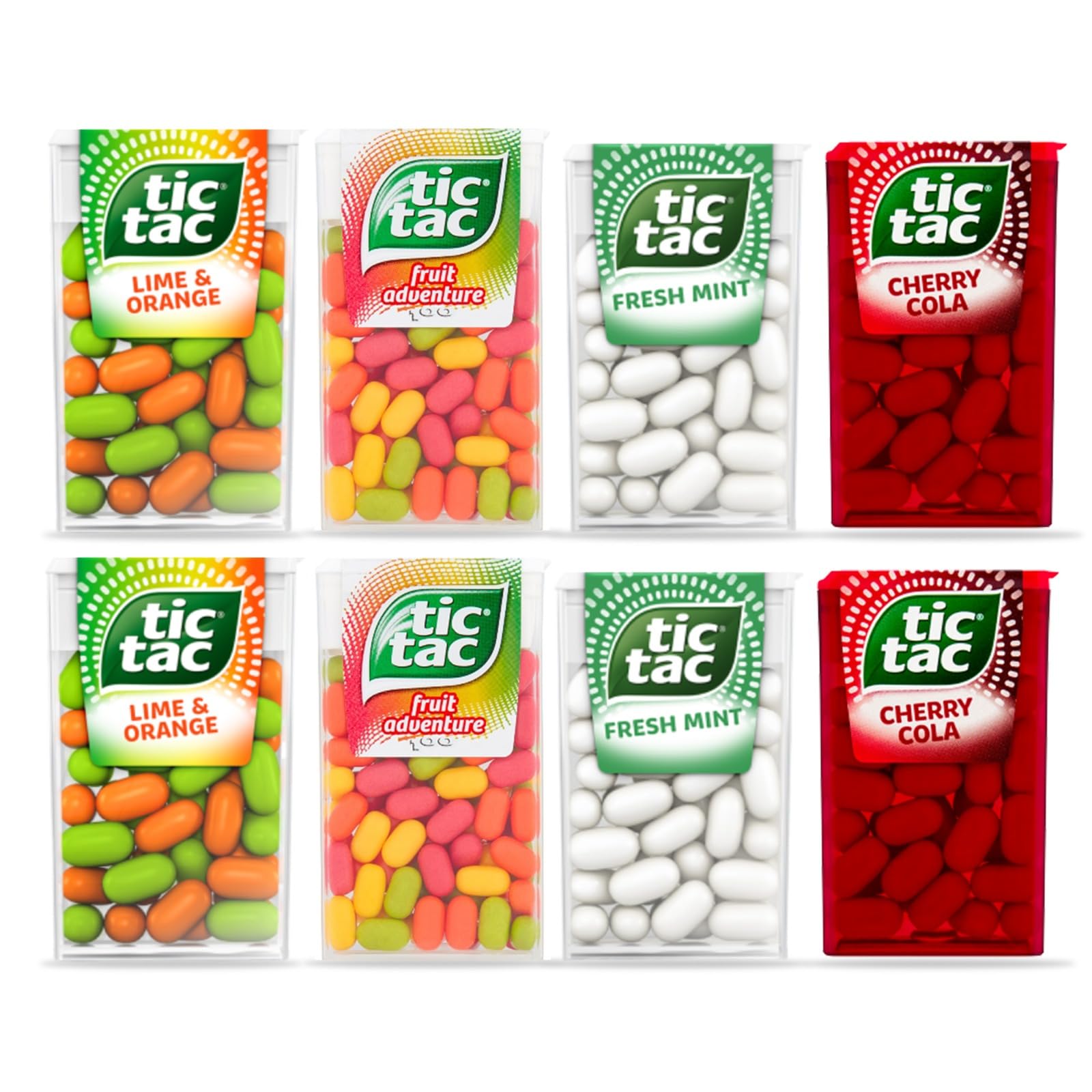 Mixed Tic Tac Flavors, Lime & Orange, Fruit Adventure, Cherry Cola, and Mint Flavor Pack of 8, 144g