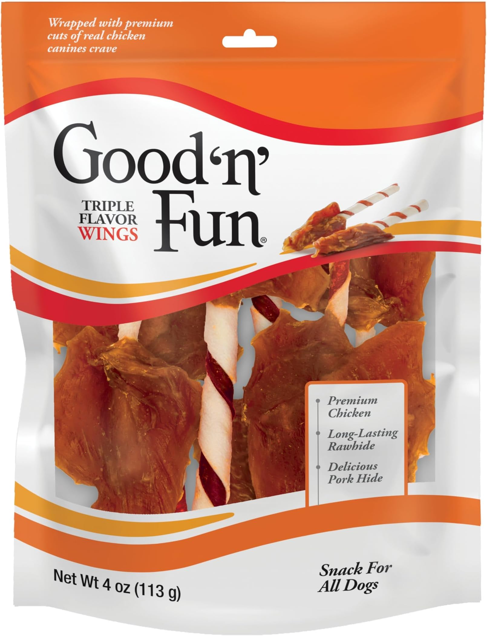 Good ‘n’ Fun Triple Flavor Wings Chews for All Dogs, 4 Ounces, Treat Your Dog to Long-Lasting Chews Made with Chicken, Beef Hide and Pork Hide