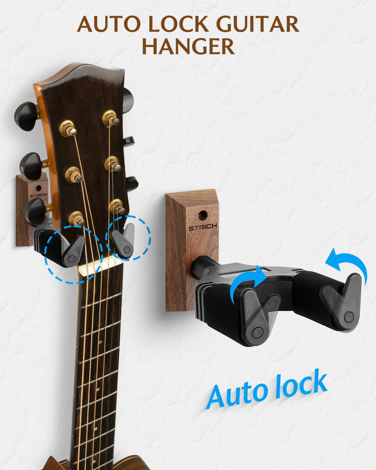 STRICH Guitar Wall Mount,Walnut Base Guitar Hanger,U-Shaped Guitar Wall Hanger Mount with Screws,Auto Lock Guitar Holder Hook Stand for Acoustic, Electric Guitar, Banjo, Bass(2-Pack)