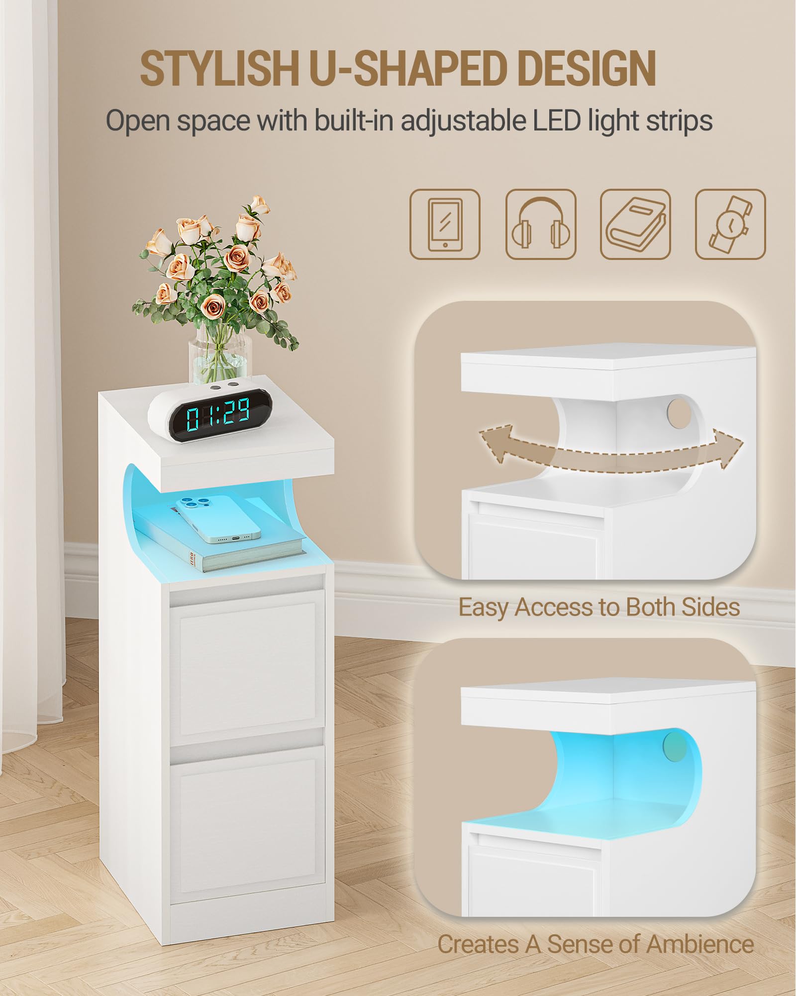 Hzuaneri Mesilla de Noche con LED, Mesas Auxiliares con 2 Cajones, Mesilla de Noche con Compartimento Abierto, luz Regulable, para Dormitorio, Salón, 30 x 24 x 65 cm Blanco NS39113X