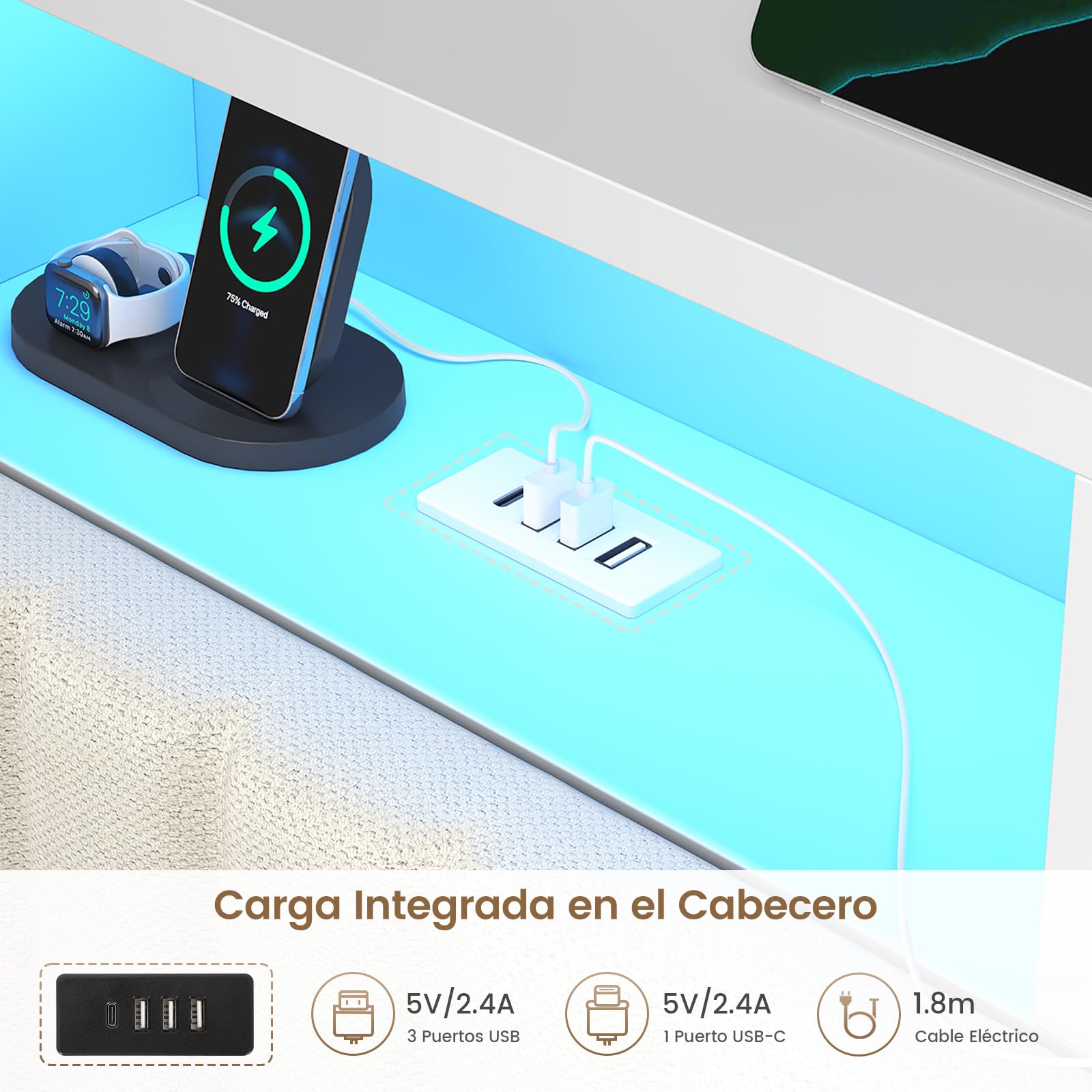 AOGLLATI Cama Matrimonial 140x190 cm con Almacenamiento Hidráulico, Lino | Marco de Cama con 270° Luces LED, Somier Estructura de Cama con Estación de Carga Cama Canape con Cabecero Beige