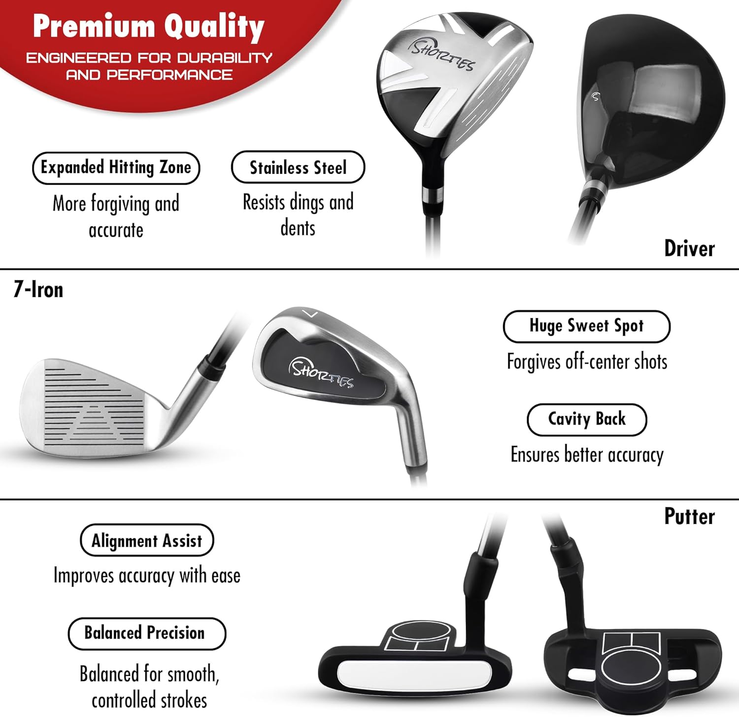 Shorties Golf - Kids Golf Club Set | Perfect for Toddler Golfers and Kids 34"-38" Tall | EasyCarry Stand Bag | Driver, 7-Iron, Putter, Headcover, and Rain Cover