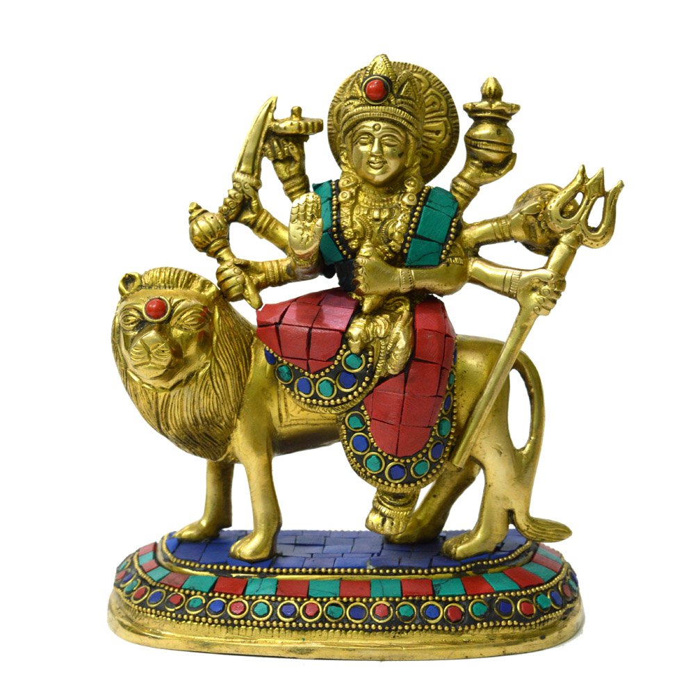 Statue Durga de la déesse en laiton Royal Kurta avec pierres fines