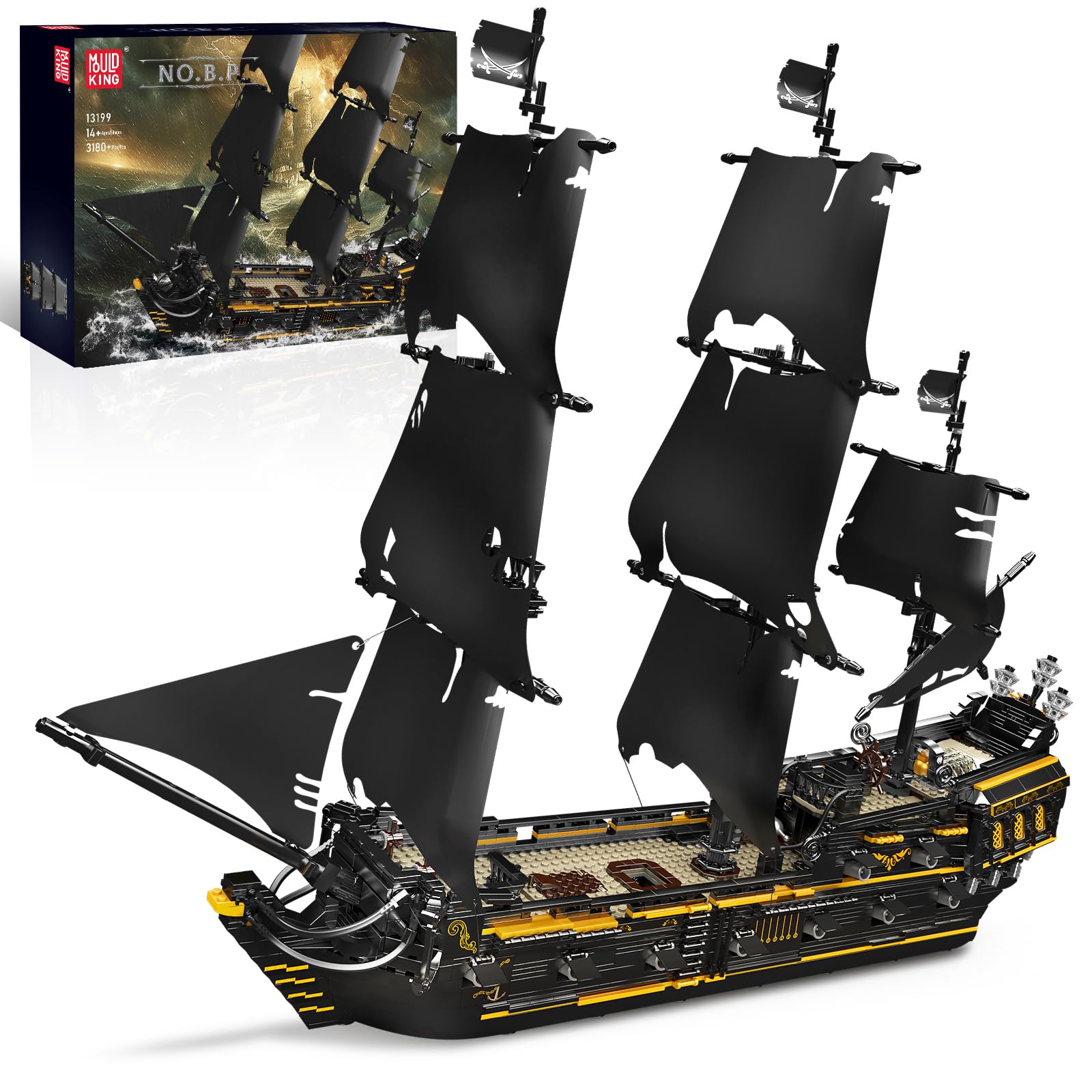 Mould King 13199 Piratenschiff Bausteine, 3180 Teile Groß Black Pearl Segelschiff MOC Modellbausatz Klemmbausteine für Erwachsene