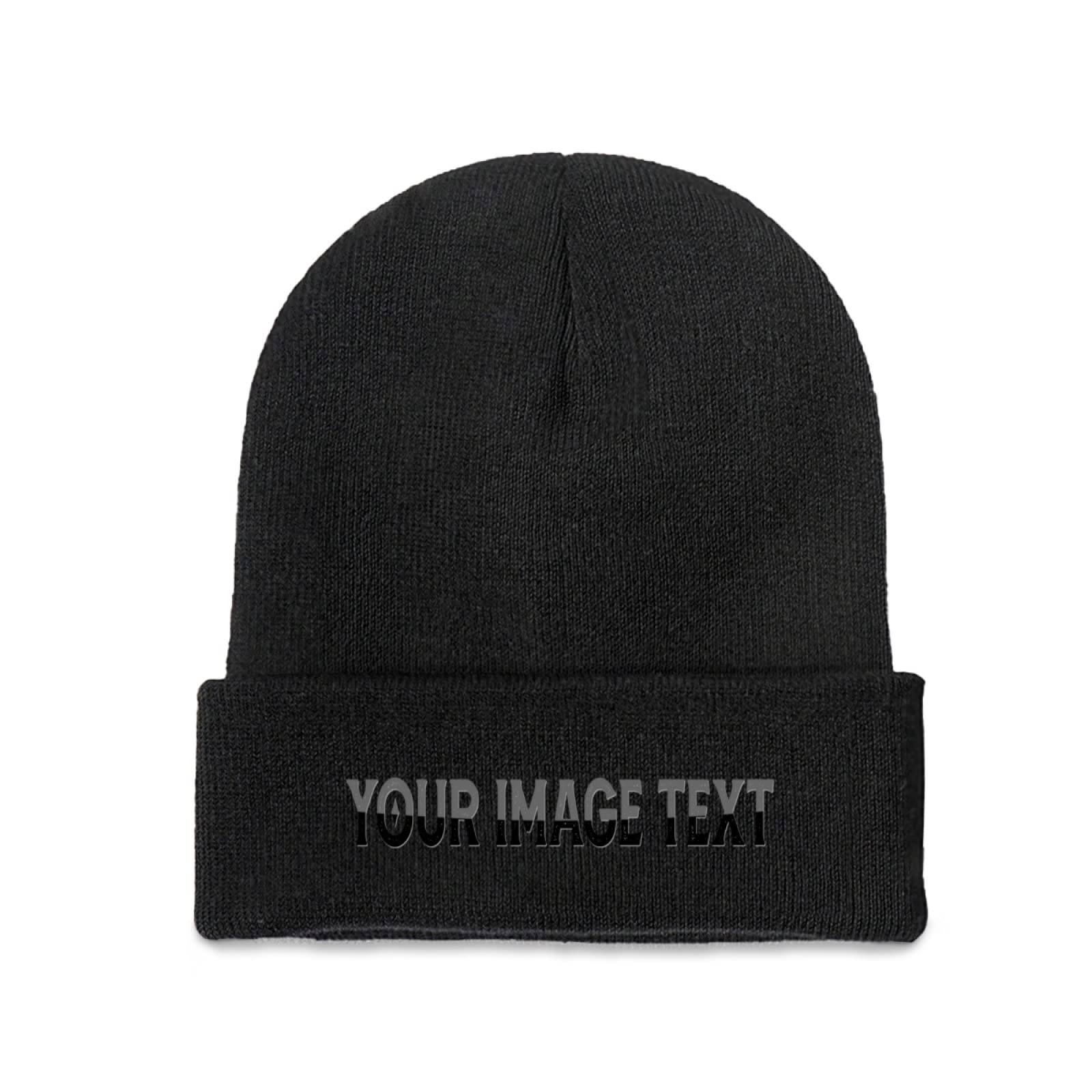Miujonvy Custom Knitted Hat for Men Women Picture with Personalized Text Cuffed Beanie Hat Black