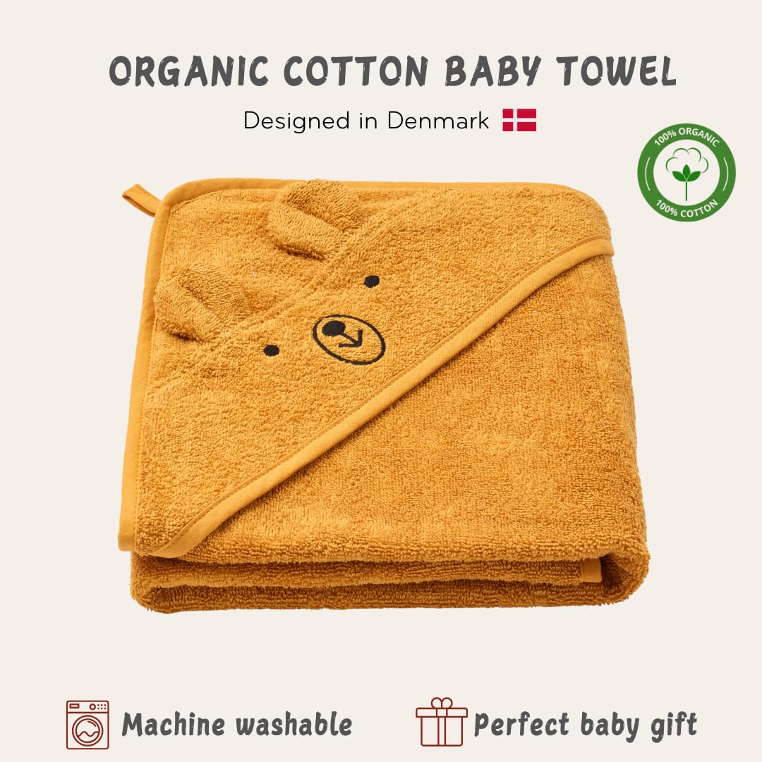 Denmark - Premium Bio-Baumwolle Baby Badetuch - Kapuzenhandtücher für Kleinkinder und Baby Handtücher für Neugeborene Mädchen und Junge - Super weich und saugfähig, 32x32 (Bär - Herbstgelb)
