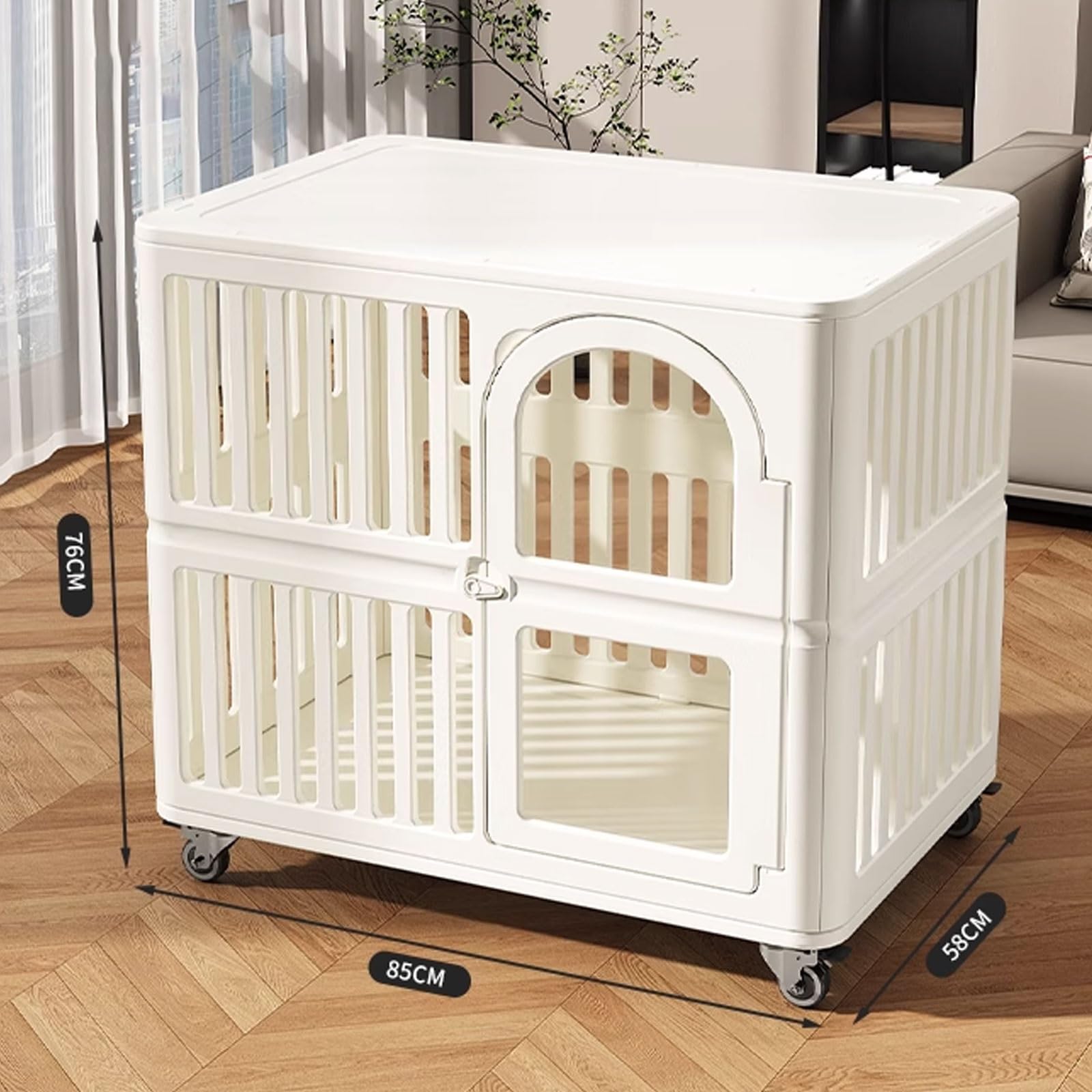 Gabbia per cani portatile di medie dimensioni con materiale in resina, ruote girevoli con freni, serratura della porta e porta trasparente per un facile accesso e conservazione superiore