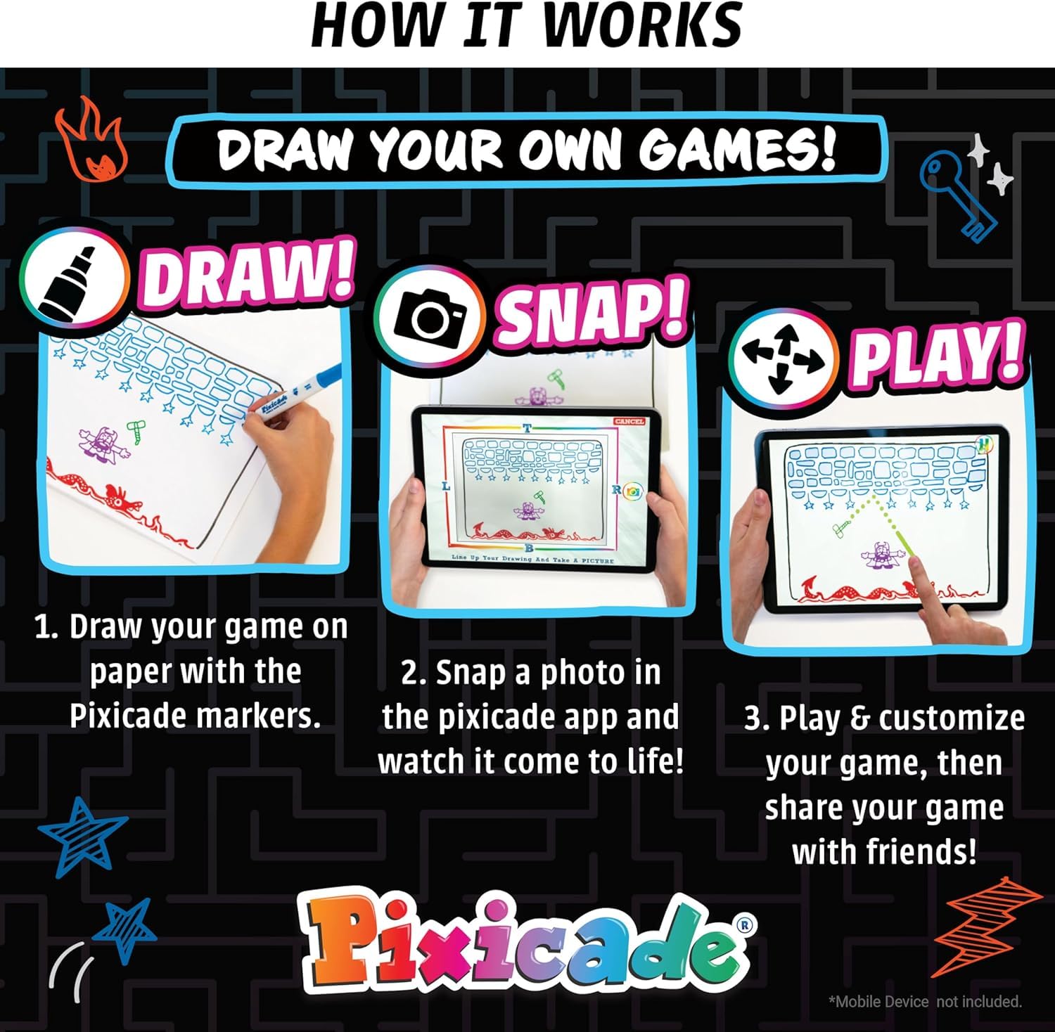 Abacus Brands Pixicade – CREA Tus Propios Videojuegos, Juguete Stem | Sin programación – dibuja, escanea y juega al instante. Incluye 5 rotuladores y libro de diseño de 108 páginas