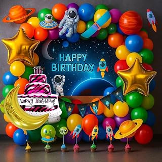 Space Theme Birthday Decoration Kit for Kids Boys Girls, 72 Pcs. (Reusable) – Astronaut Rocket Moon Star Foil Balloons Banner Backdrop Galaxy Outer Space Party Supplies Birthday Decoration Set