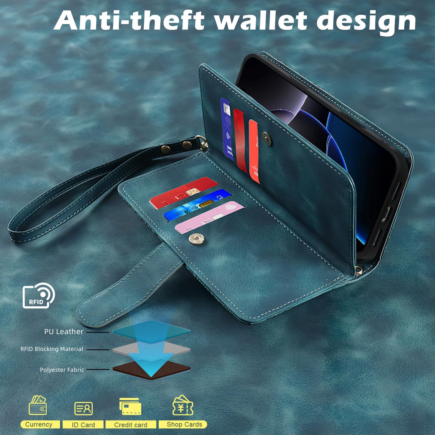 Harryshell for iPhone 15 Pro 6.1 inch Detachable Magnetic Case Wallet,Compatible with Magsafe Wireless Charging, [ RFID Blocking ] Card Slots, Cash Zipper Pocket Wrist Strap (Floral Teal)