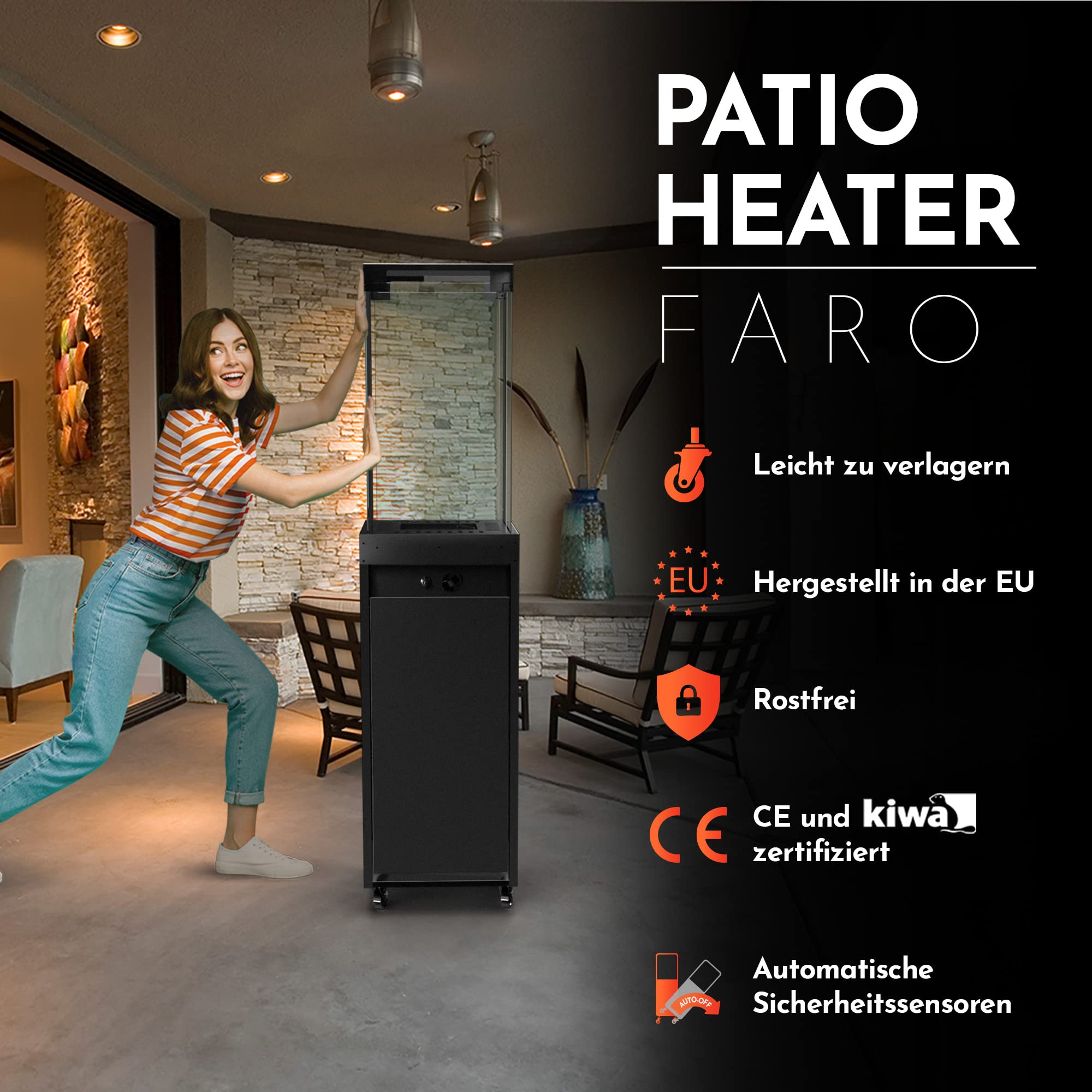 Planika - Faro - Gartenkamin Aussenkamin Terrasse Balkon Kamin Feuerstelle Outdoor Terrassenkamin Gaskamin Kamin Outdoor - bis zu 8 kW - Angetrieben Durch LPG - Eingebaute Rollen - Brenndauer 55 Std