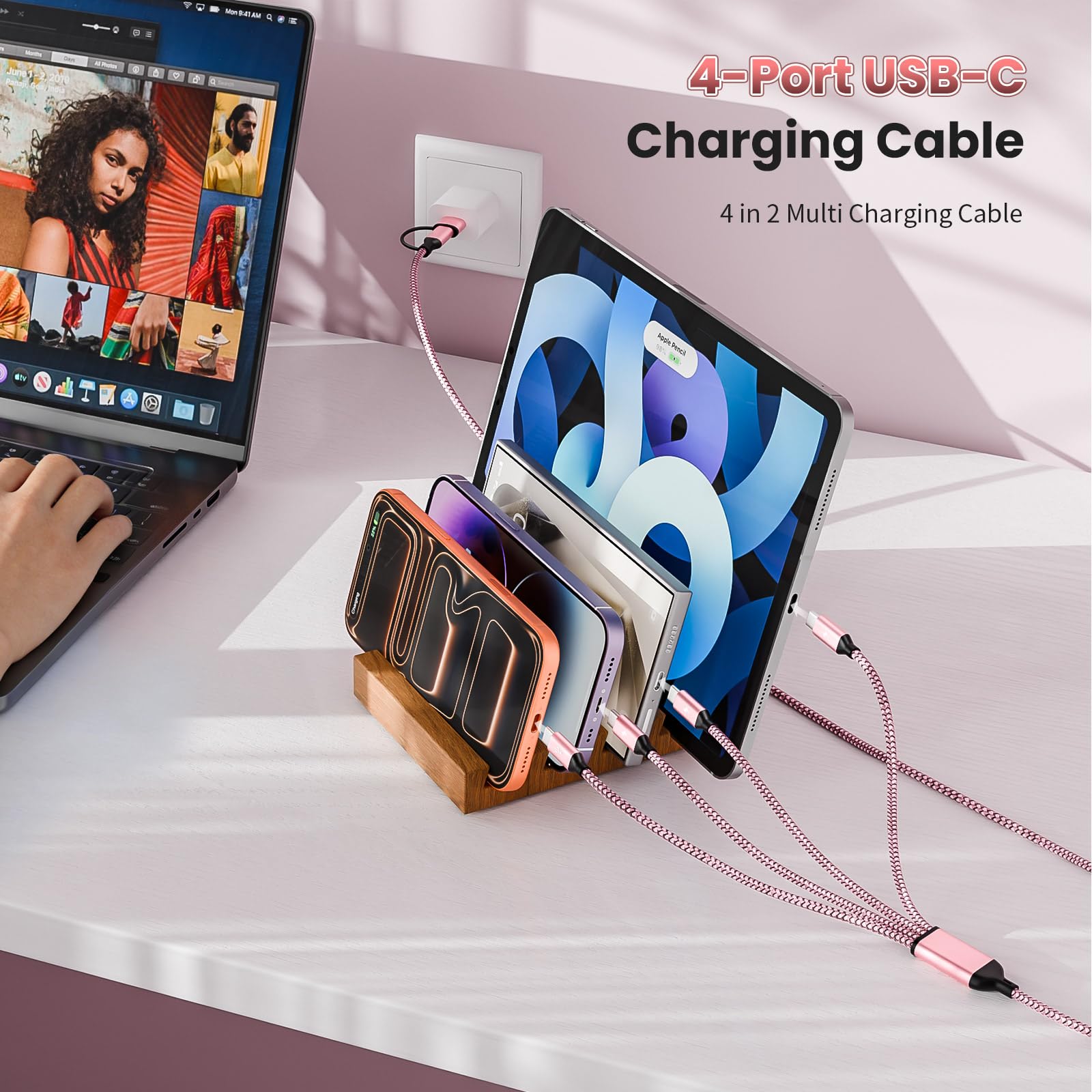 4 cavi di ricarica multipli di tipo C da 10,2 cm, 1,5 m, essenziale da viaggio per aerei e viaggi in crociera, USB A/C a 4 USB C, compatibile con iPhone 17-8, Android, iPad, Galaxy, tablet