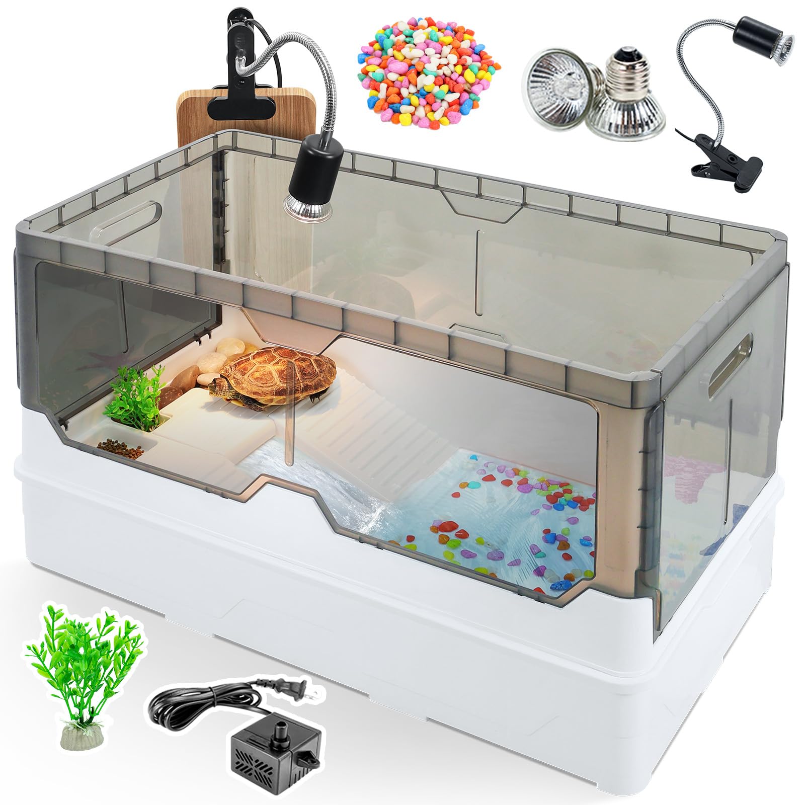 Turtle Habitat Tank Kit– Fresh Filtration, Waterplay Fun, Diverse Living, Heat Lamp, Water Pump and Convenient Water Changes in Turtle Tanks, Habitat Kits, Turtle cage (White, X-Large)