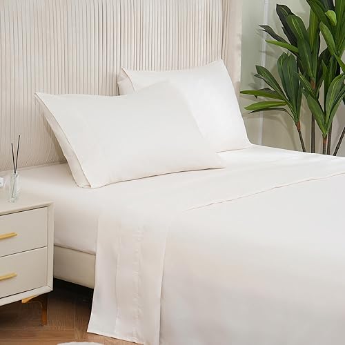 Miniatura 1 de DOWNCOOL Juego de sábanas de 100 % algodón con bolsillo profundo de hasta 16 pulgadas, sábanas de satén de 400 hilos tamaño Queen, suaves y sedosas