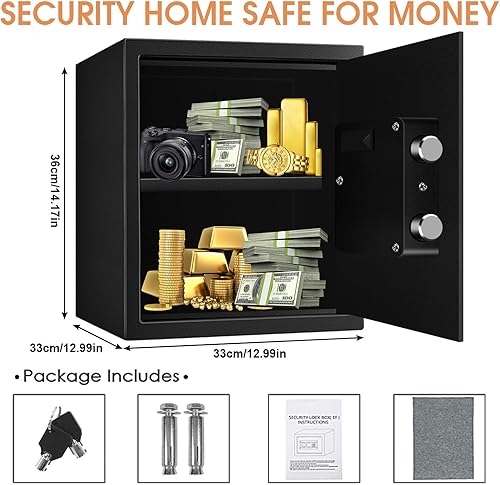 Miniatura 29 de Caja de seguridad pequeña de 0.8 cúbicos a prueba de fuego, impermeable, caja de seguridad digital para el hogar con teclado programable y llaves