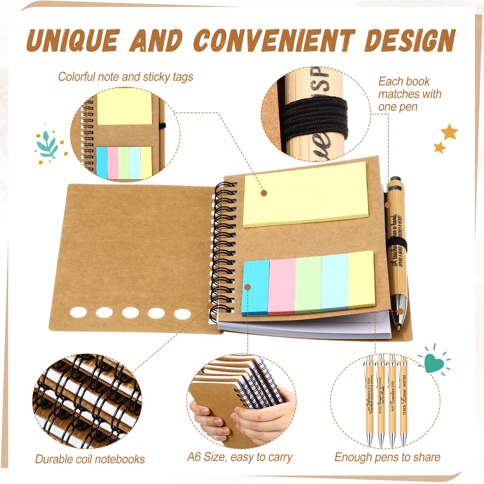 Resurhang 36 pezzi Regali per la settimana di apprezzamento degli insegnanti, regali per il ritorno a scuola, quaderni a spirale per insegnanti, copertina in carta kraft arcobaleno, con note adesive