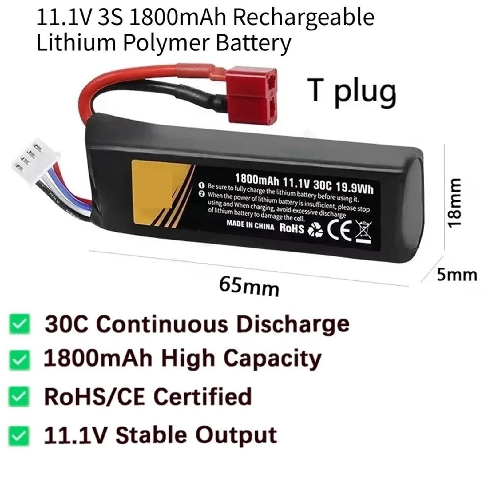 Batería de polímero de Litio de 4 Piezas 1800 mAh 30 C T 11,1 V, for Accesorios de Juguete acuático de Coche RC