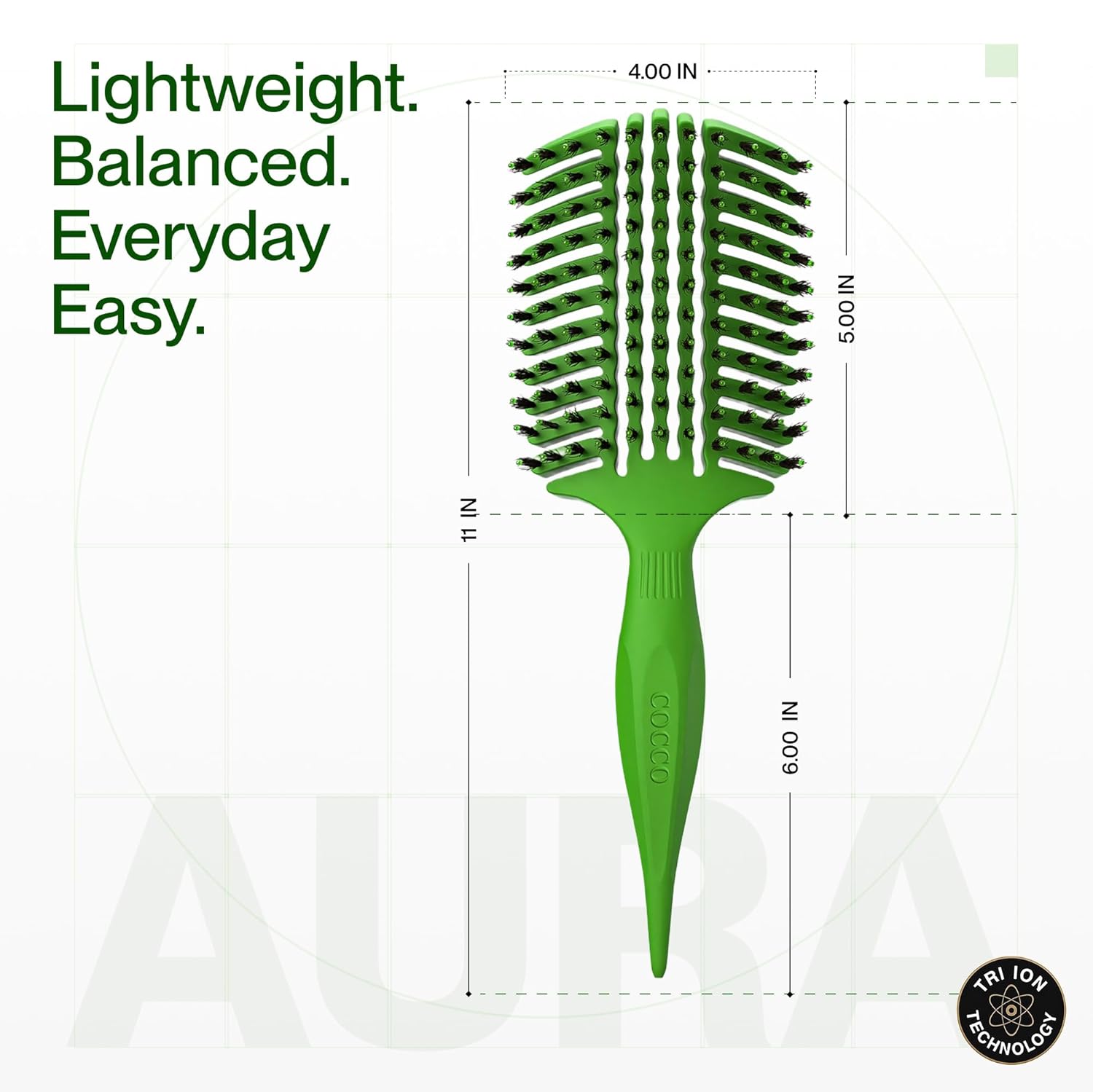 COCCO Aura Vent Boar Brush | Vented Dual-Curved Design for Faster Drying, Effortless Detangling & Shine, Boar + Nylon Bristles, Ergonomic Comfort Handle for Wet & Dry Hair Styling - Green - Image 3
