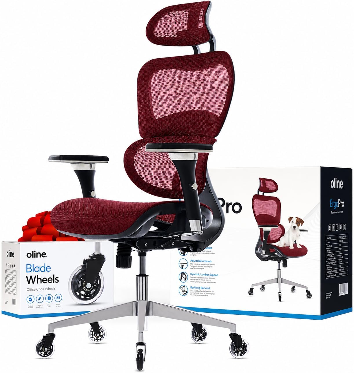 ErgoPro Ergonomic Office Chair with 4D Adjustable Armrest, 3D Lumbar Support and Blade Wheels - Mesh Computer Gaming Rolling Desk Executive Swivel Home Chair (Burgundy Red)