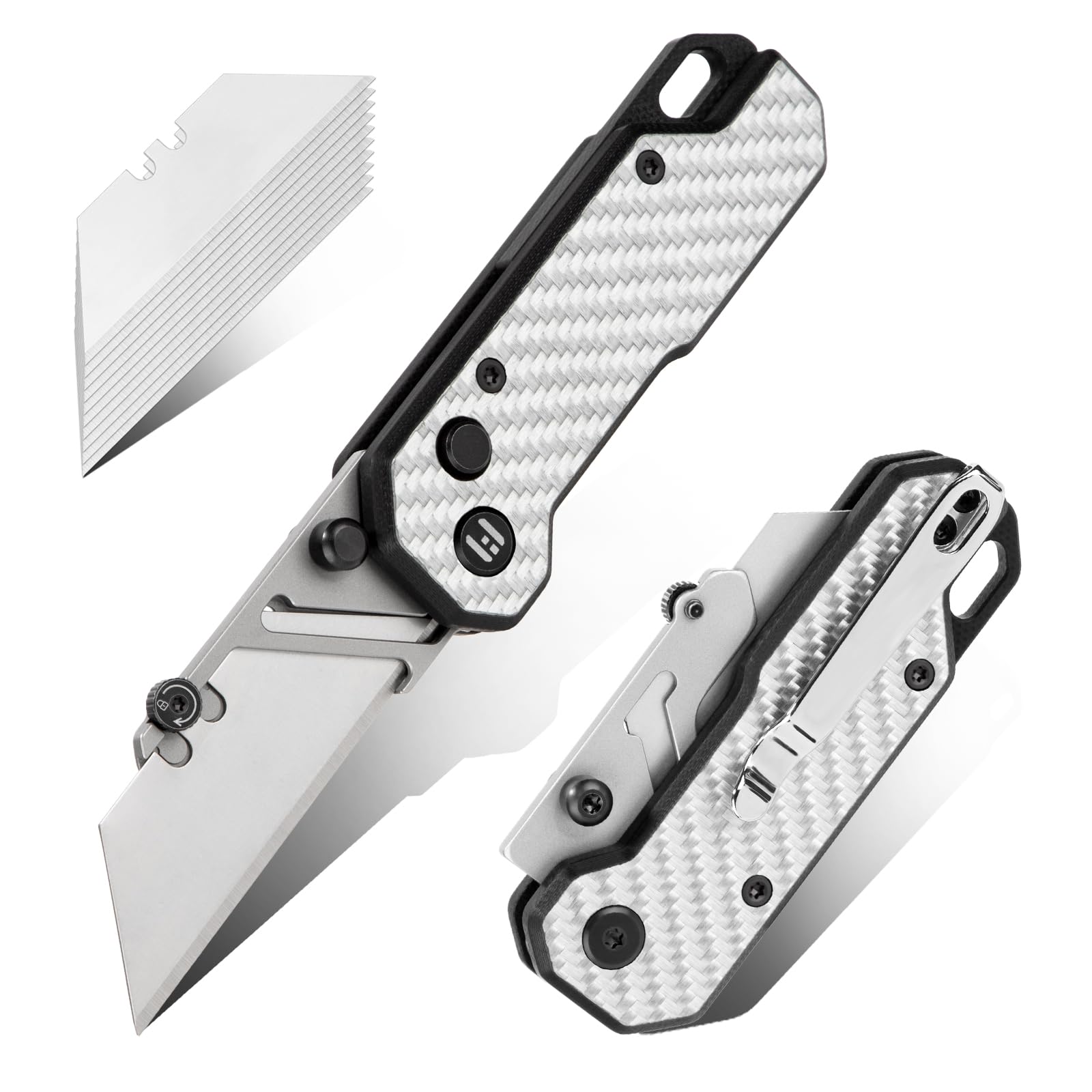 Hightron Vectron, Carbon-Fiber Folding EDC Utility knife, Button-Lock, Fidget Pocket Knife