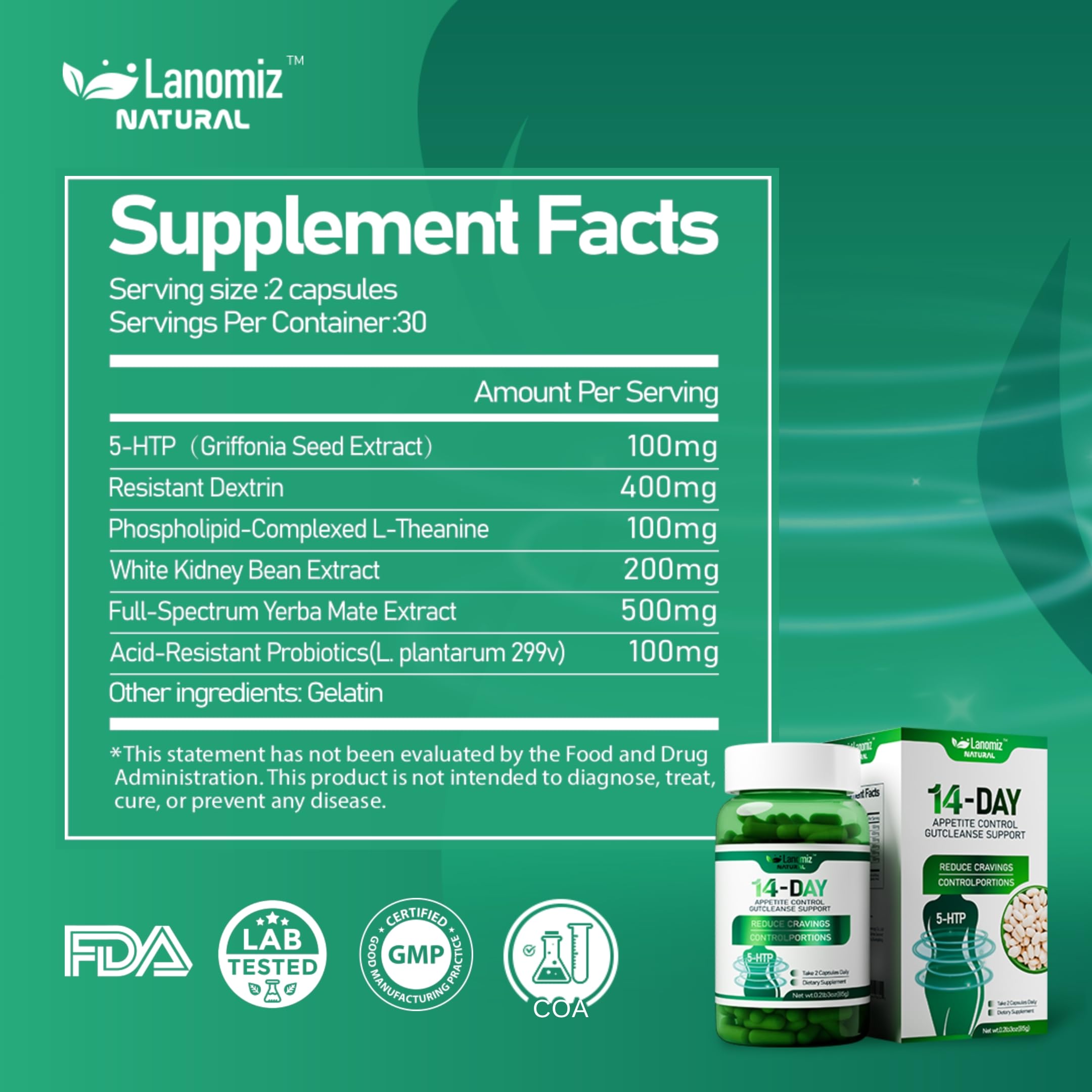 14DAY Appetite & Craving Control Gut Health Complex Featuring Delayed-Release Probiotics & White Kidney Bean Extract 5-HTP(5-hydroxytryptophan) 60 Vegetarian Capsules