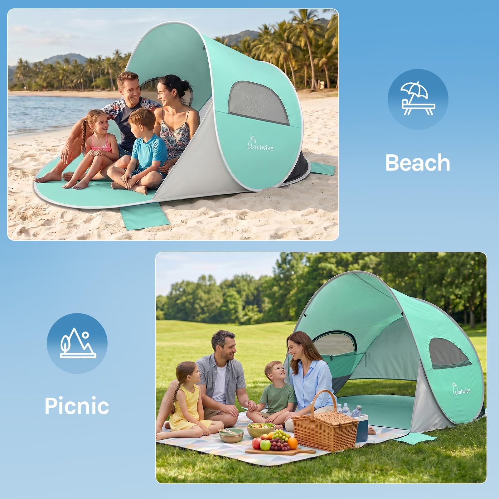 Wolfwise Pop Up – Osłona Plażowa UPF 50+, Namiot Plażowy, Przenośny Namiot do Aktywności na Świeżym Powietrzu i Uprawiania Sportu, Miętowy zielony