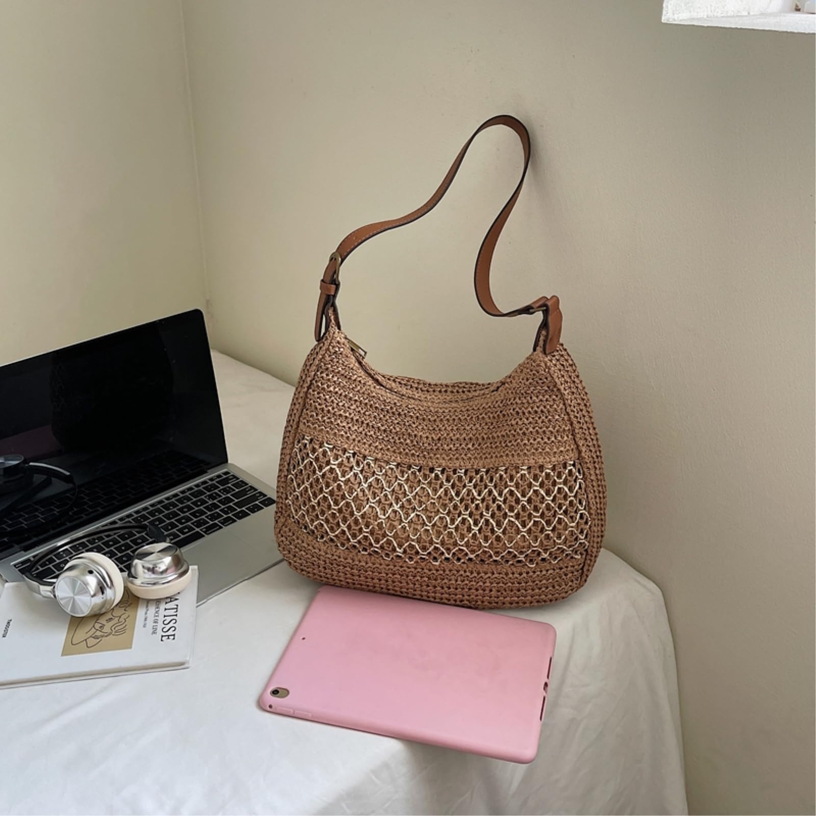 Borsa di Paglia Donna Grande capacità, Tessuto A Mano Rattan, Spalla Spiaggia Estiva, Crossbody Casual da Viaggio -Khaki