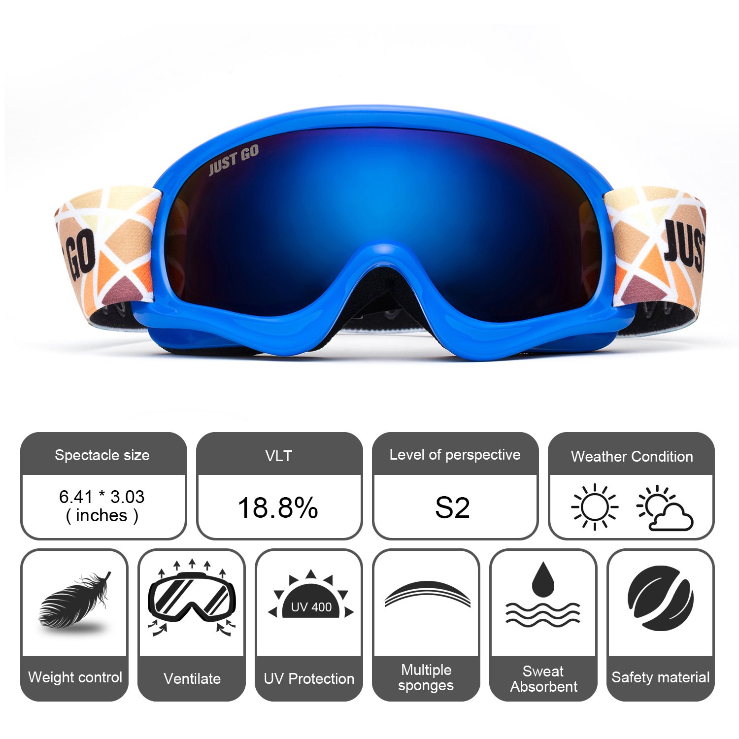 JUST GO Gogle narciarskie dla dzieci z etui EVA, gogle snowboardowe, przeciwmgielne, dwuwarstwowe soczewki ochronne UV 400, dla chłopców i dziewczynek, niebieska ramka, niebieskie soczewki REVO (VLT
