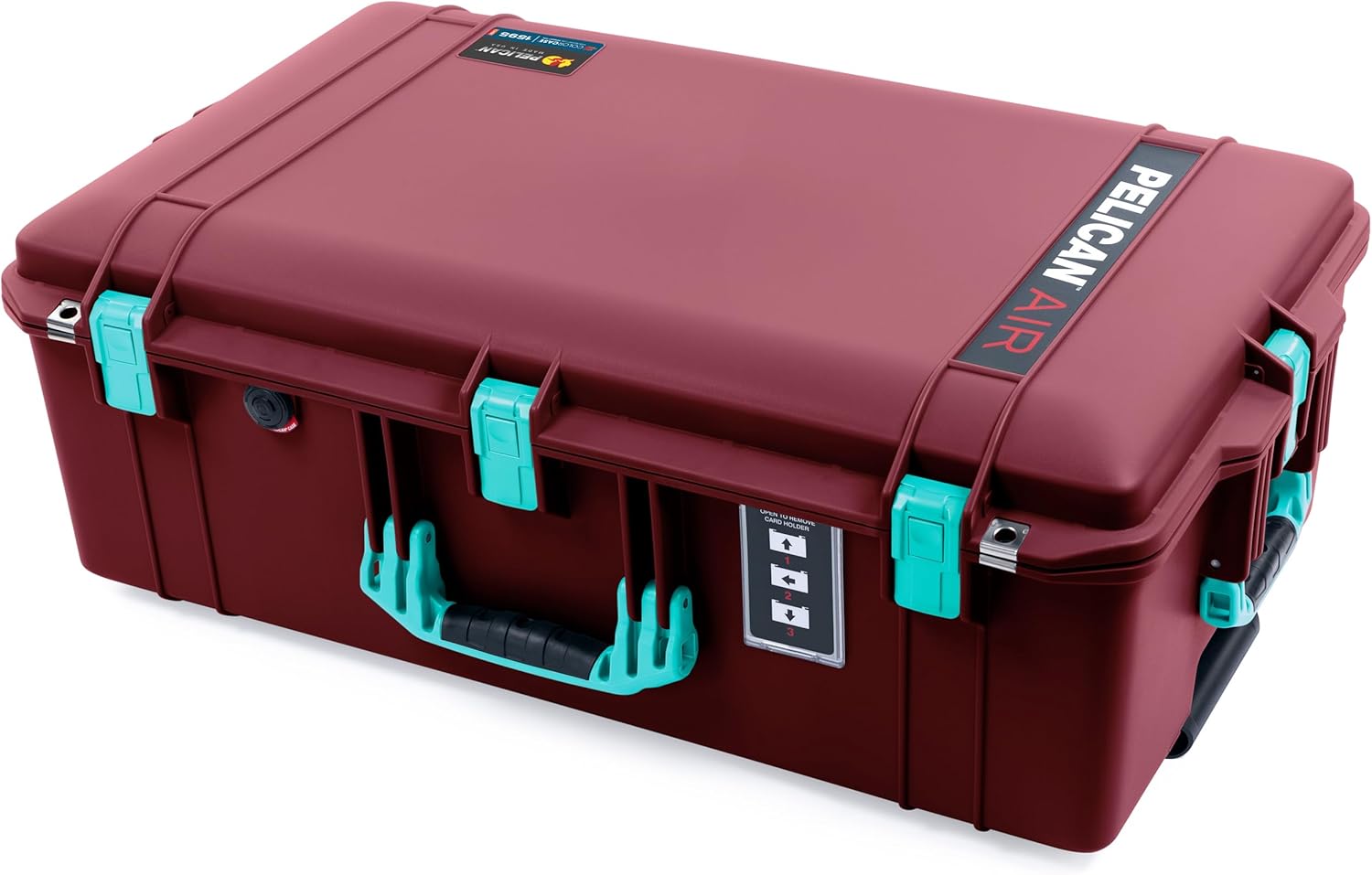 ColorCase Pelican 1595 Case OxBlood - Large Sized Waterproof Case with Pick & Pluck Foam & Combo Pouch Lid Organizer- Teal Handles & Latches