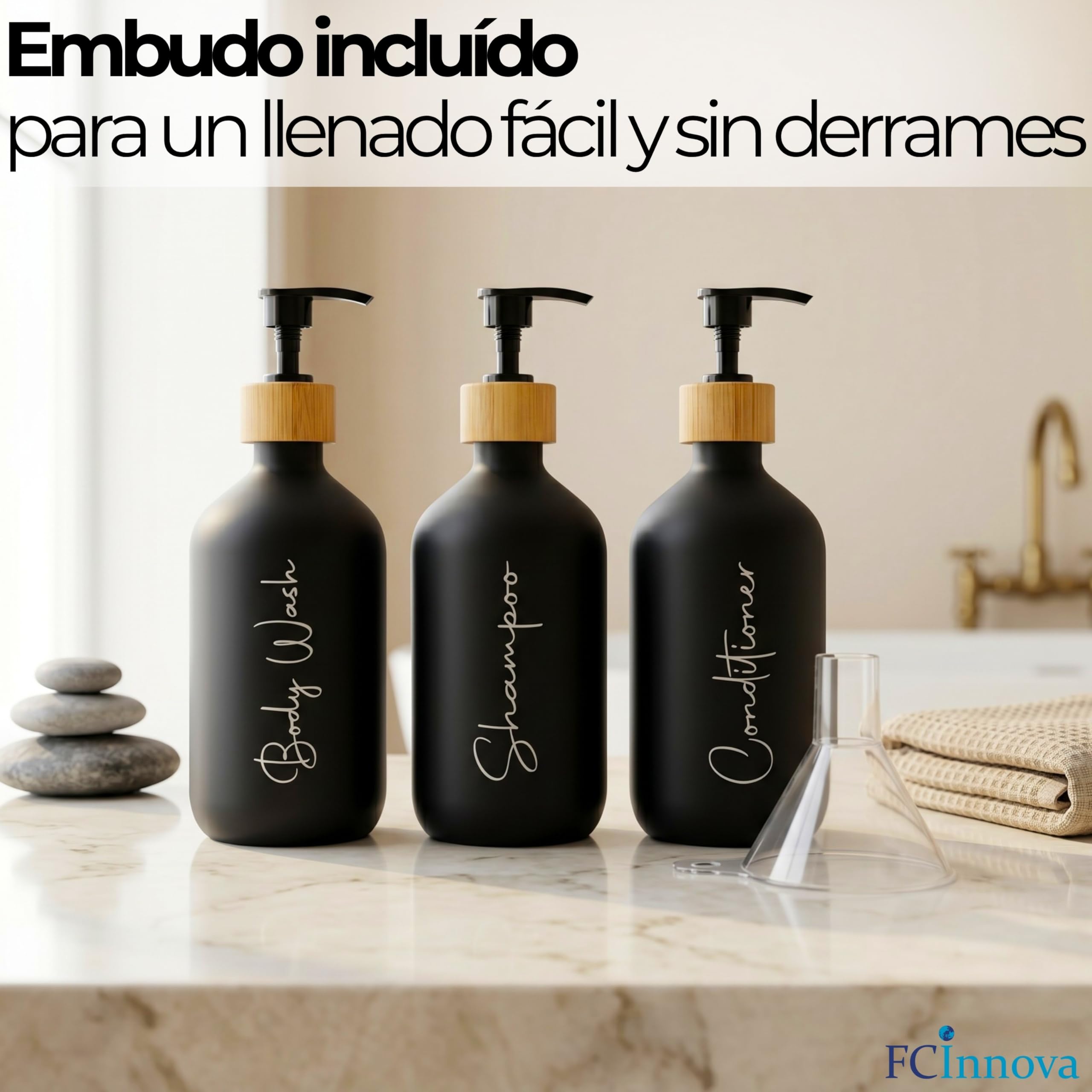 Dispensador Jabon Baño Negro Mate 500ml Set de 3 Botes para Gel y Champu Acondicionador Embudo para Rellenado Este Dosificador Jabon Baño es Elegante practico y mantendra su Ducha ordenada