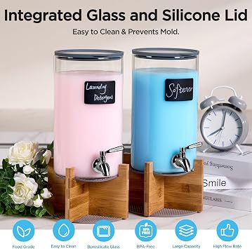 Glass Laundry Detergent Dispenser with Holder,1.1 Gallon Laundry Liquid Dispensers with Stainless-Steel Tap,Large Glass Fabric Softener Containers with Stand for Laundry Room Organization