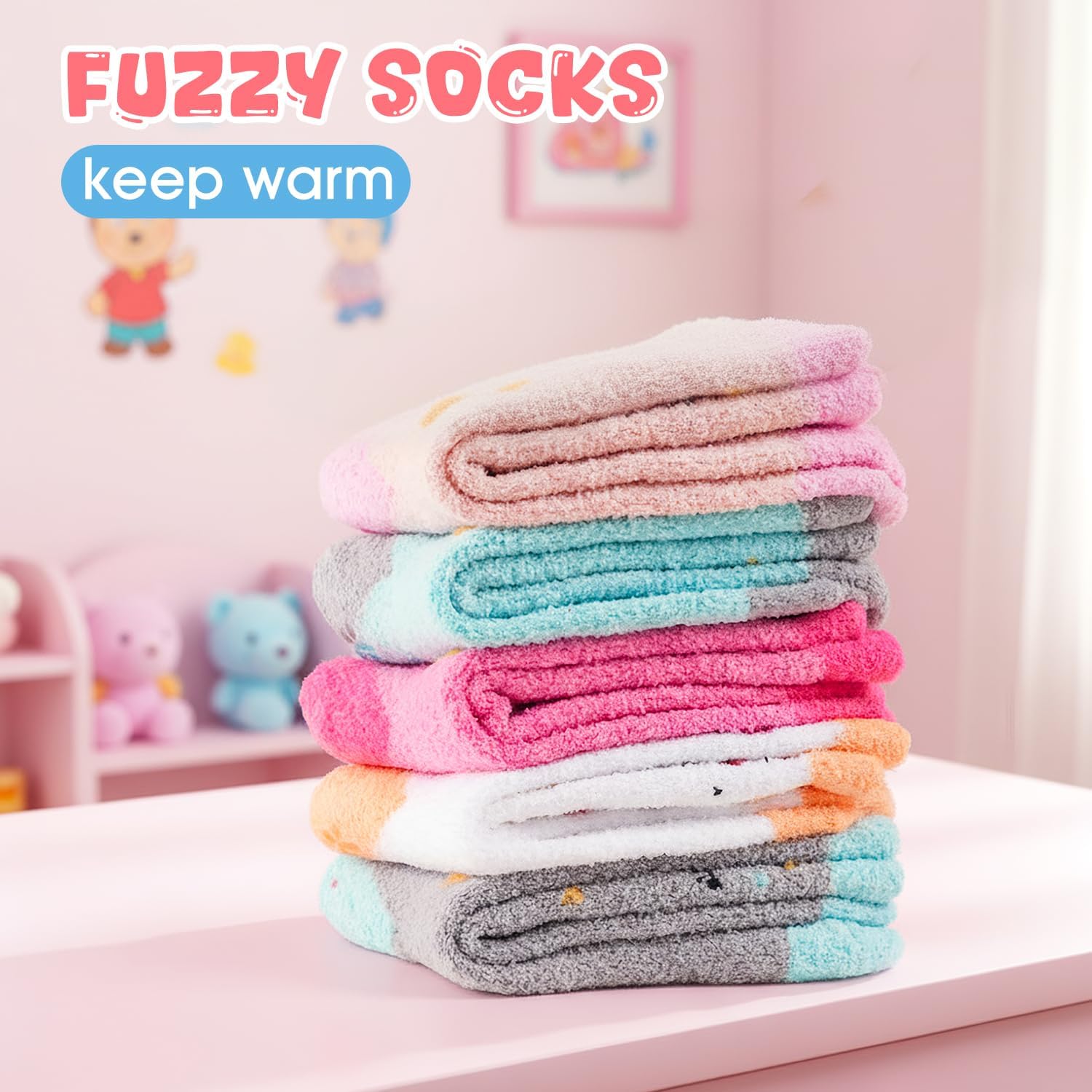 HONGTEYA Girls Kids Fuzzy Socks with Grips Toddler Non Slip Slipper Socks Crew Fluffy Warm Winter Sock 6 Pairs for 4-12 Years - Image 5