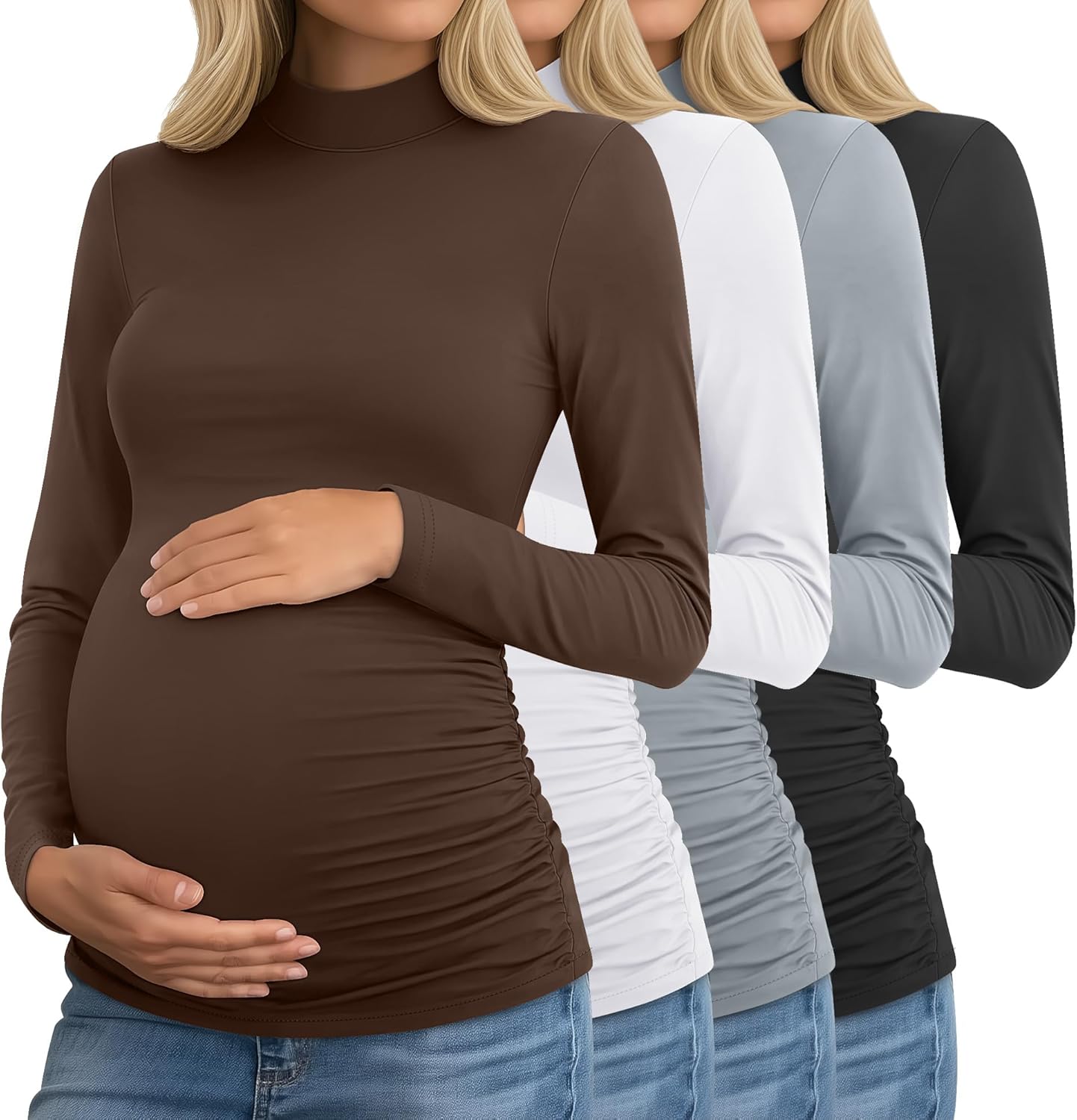 Riyiper 4 Pack Women's Maternity Turtleneck Shirts Long Sleeve Pregnancy Tops Ruched Sides Pregnant Tees Mama Clothes