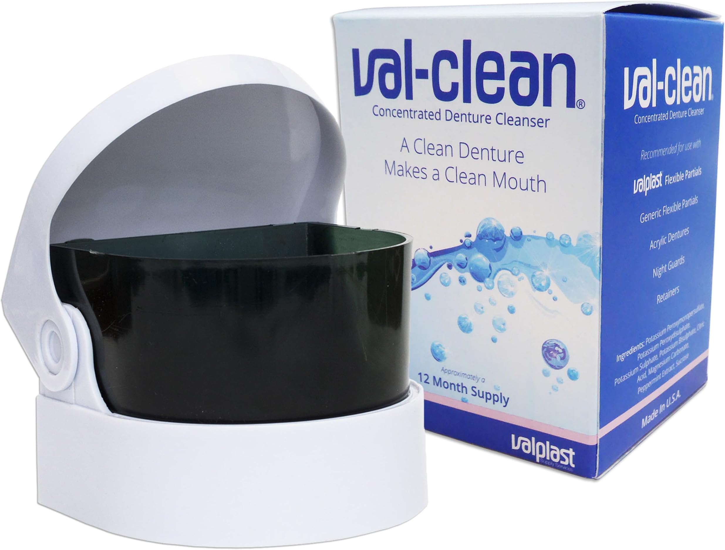 Val-Clean Sachets & Sonic Cleaner - 12 Sachets 1 Years Supply Valplast Flexible Denture Cleaner (Batteries NOT Included)