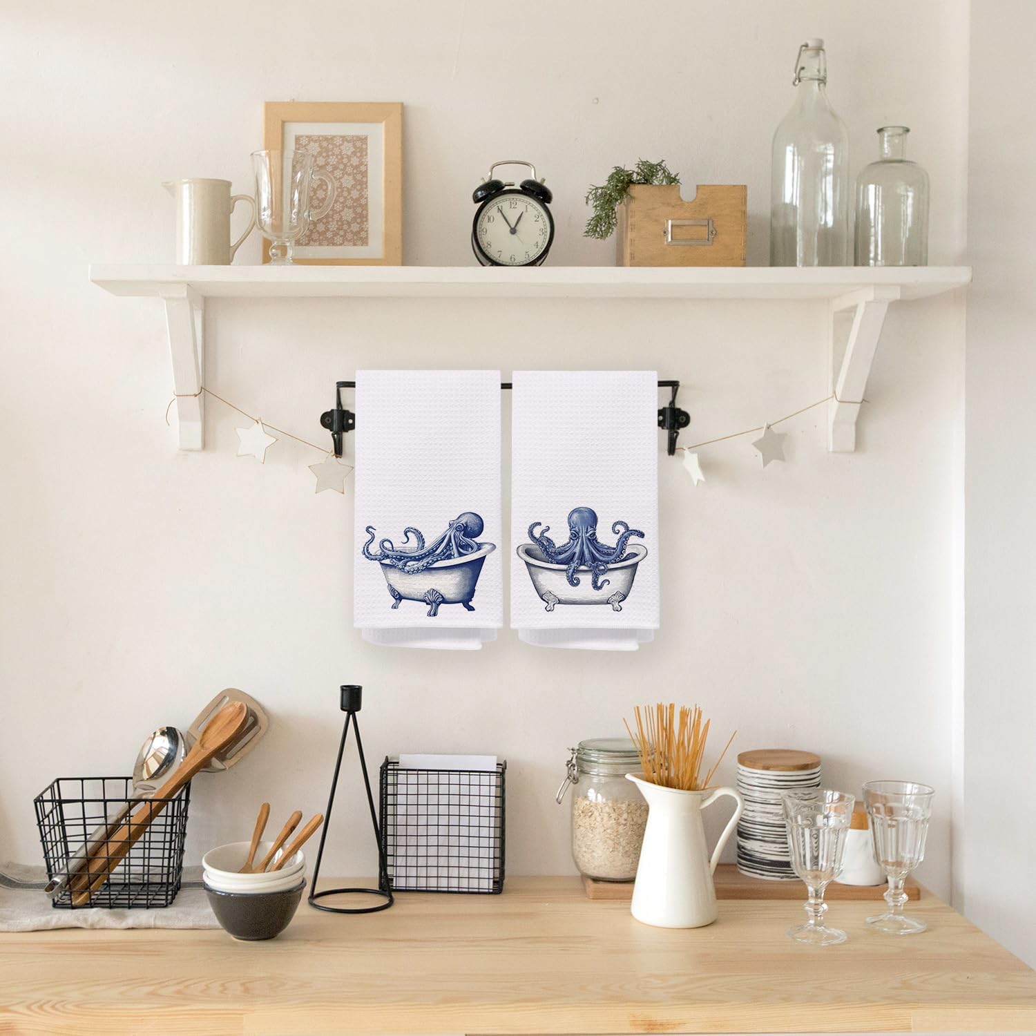 Blue Octopus Hand Towels for Bathroom, Octopus Bathroom Decor, Nautical Ocean Sea Animal Squid Decorative Hand Towels for Washroom Restroom Bath Room, 16x24 Inch Set of 2 - Image 3